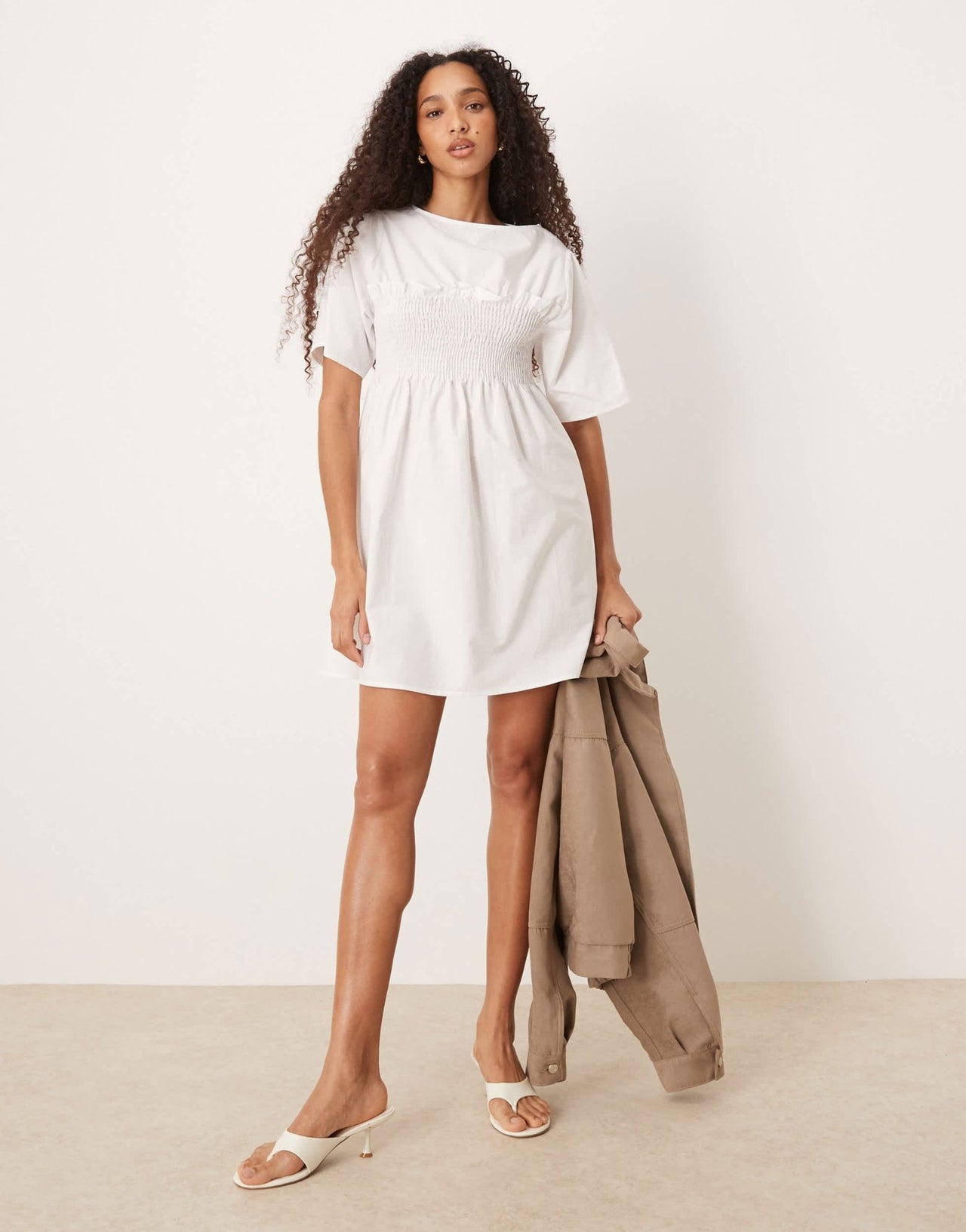ASOS DESIGN shirred babydoll trapeze mini dress in white - ASOS Sample Sale EU Store