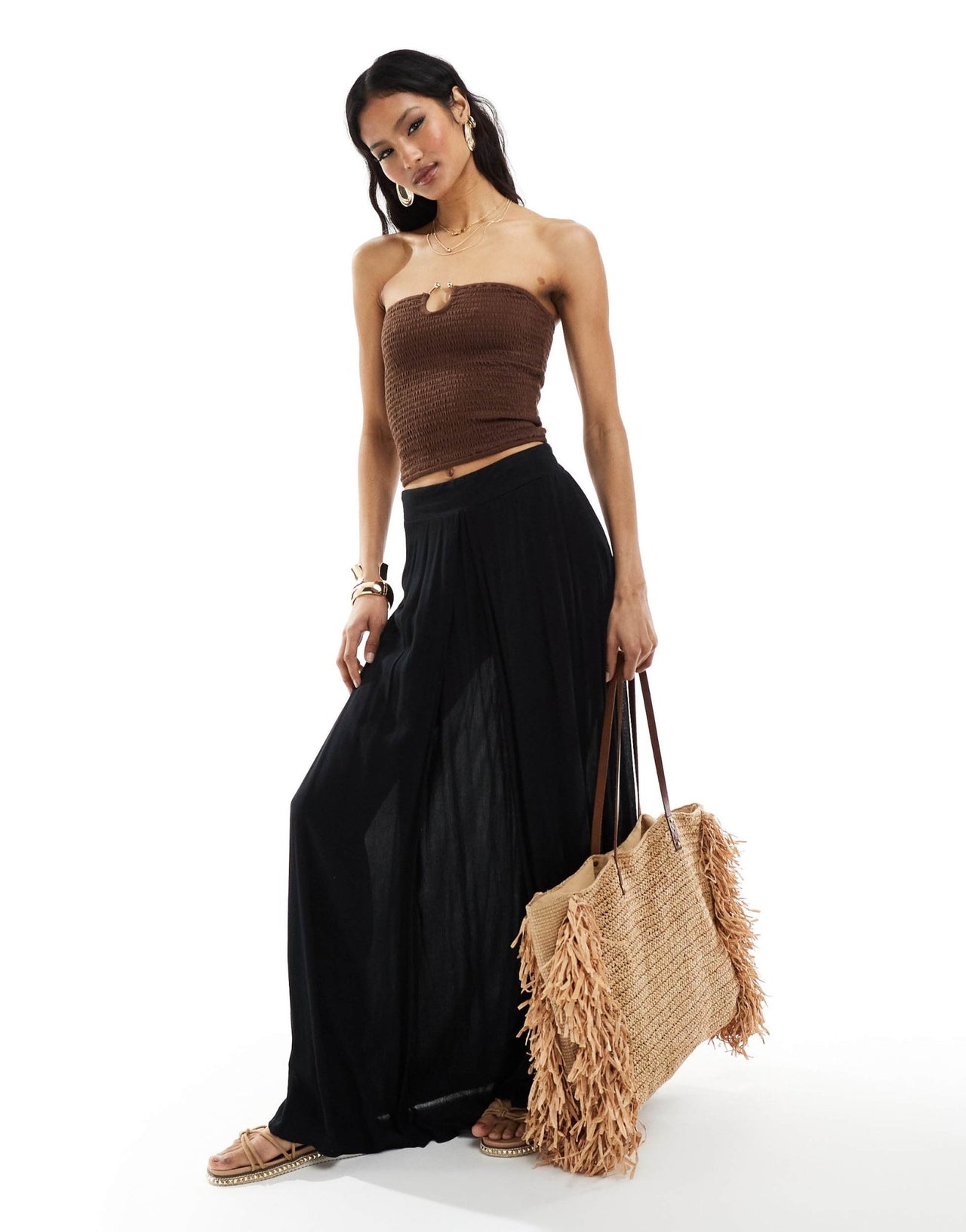 ASOS DESIGN shirred bandeau top with ring detail in chocolate - ASOS Sample Sale EU Store