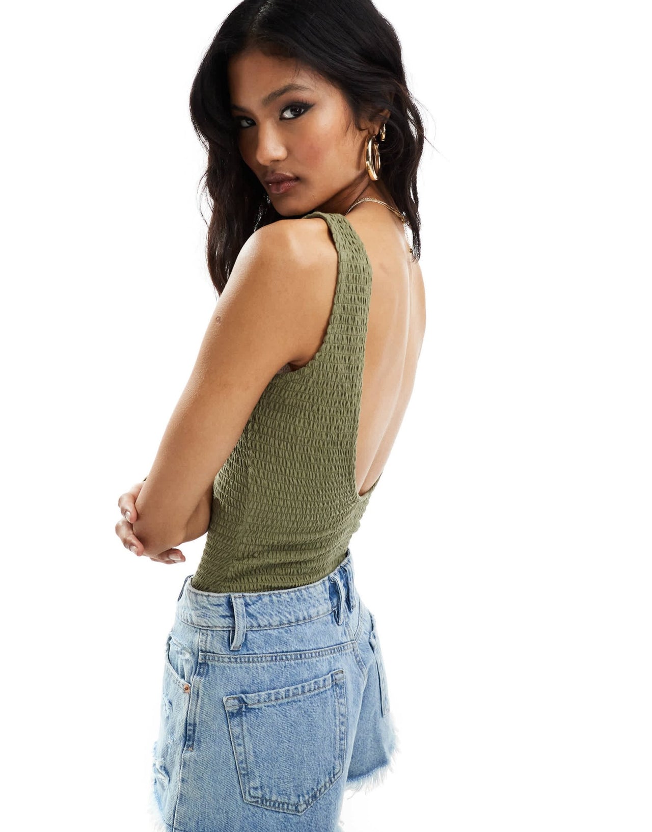 ASOS DESIGN shirred scoop back bodysuit in khaki - ASOS Sample Sale EU Store