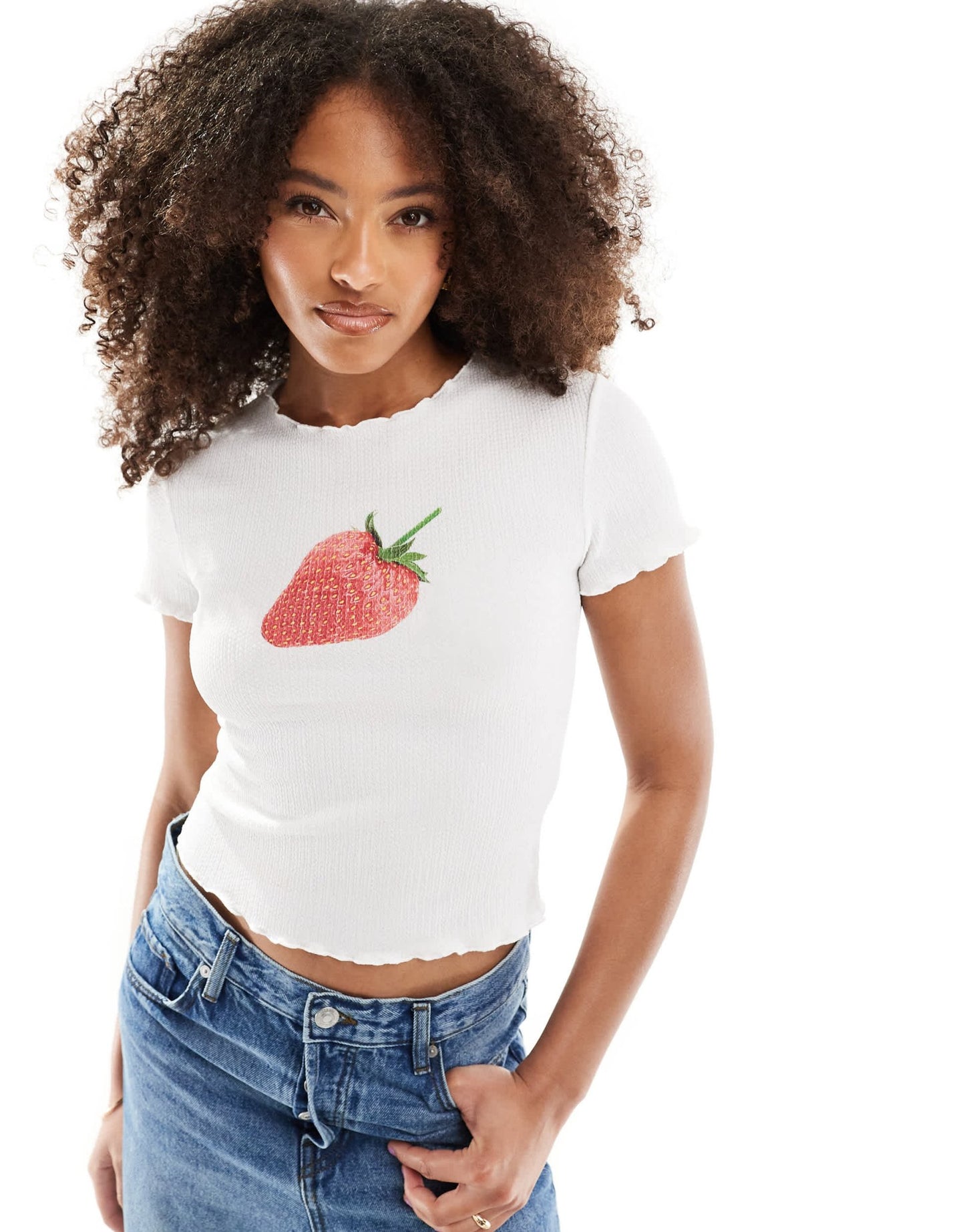 ASOS DESIGN shirred top with strawberry graphic in ivory - ASOS Sample Sale EU Store