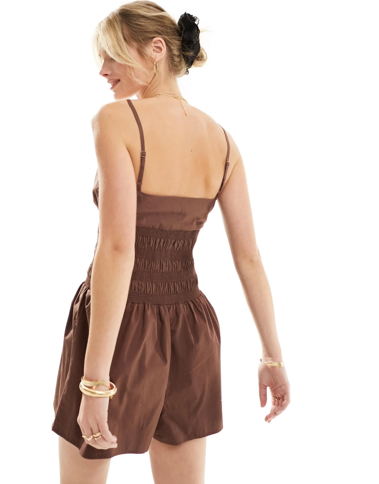 ASOS DESIGN shirred waist tie detail playsuit in chocolate - ASOS Sample Sale EU Store