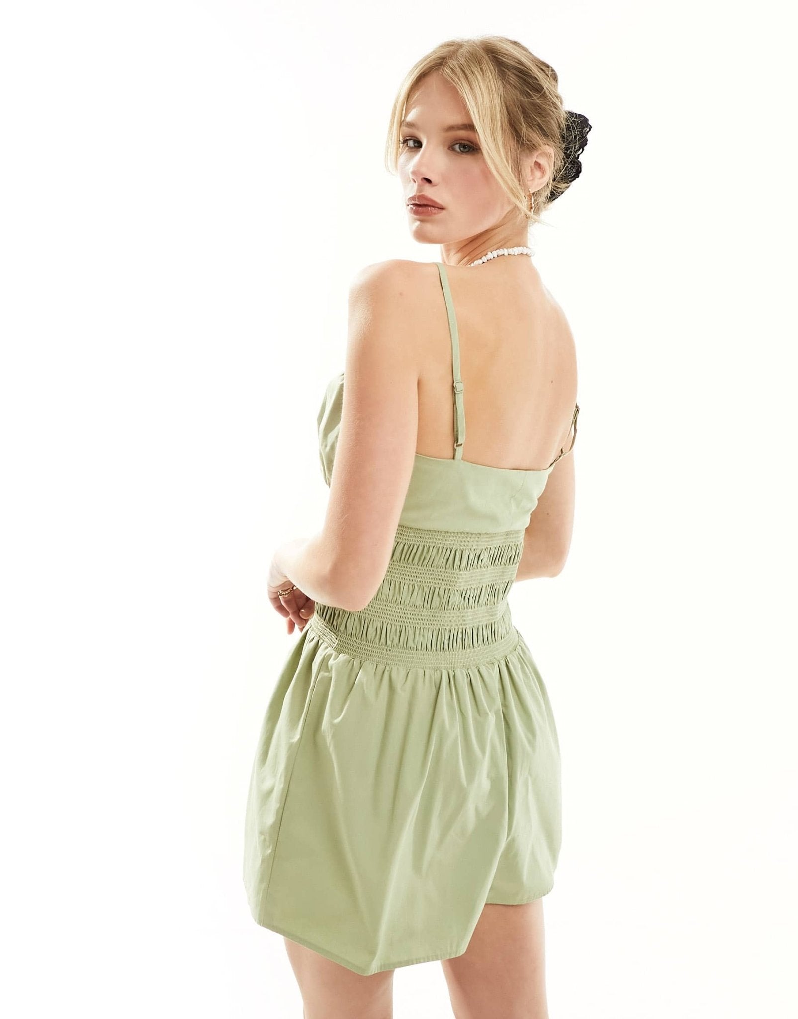 ASOS DESIGN shirred waist tie detail playsuit in khaki - ASOS Sample Sale EU Store