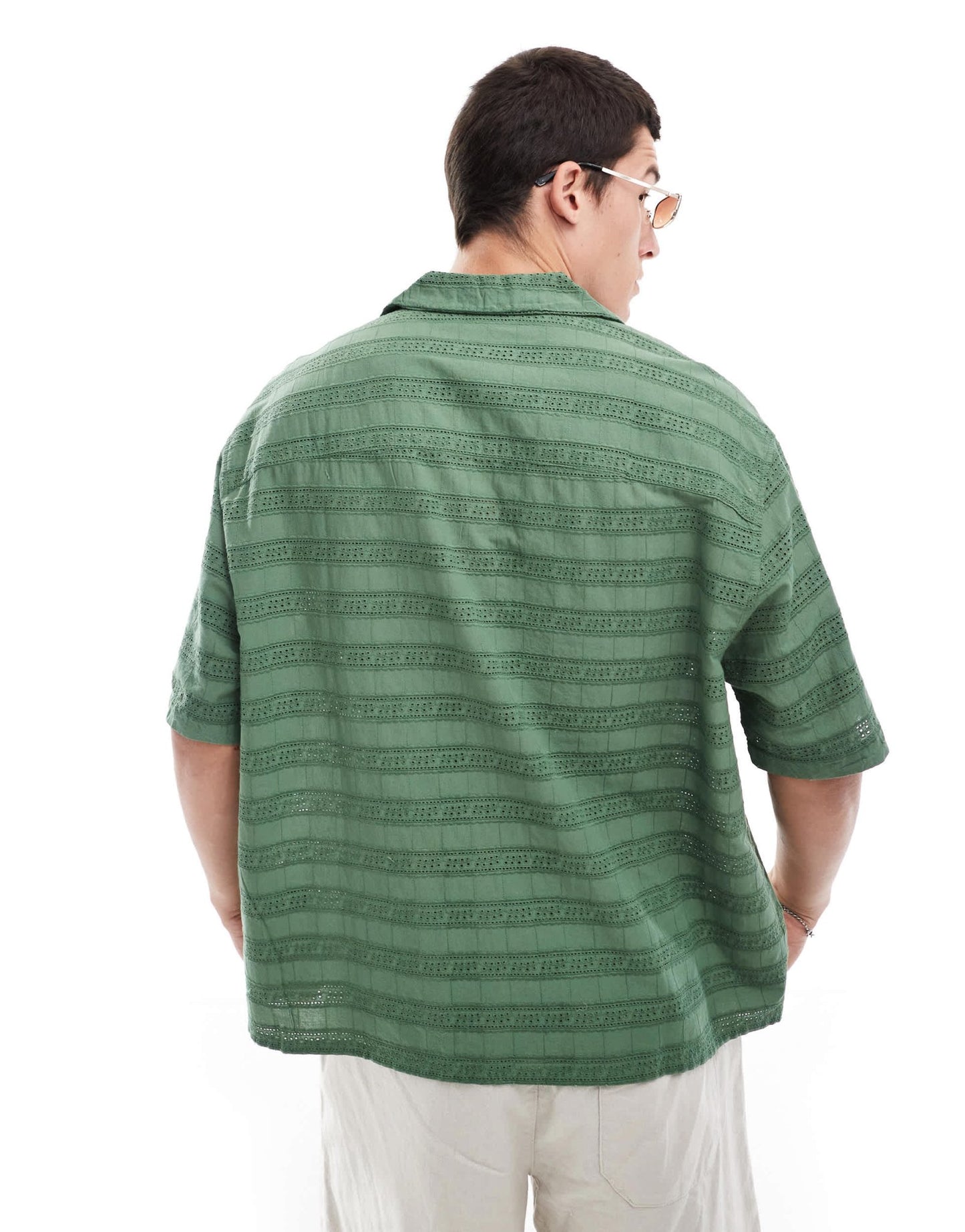 ASOS DESIGN short sleeve boxy oversized revere collar broderie shirt in dark green - ASOS Sample Sale EU Store