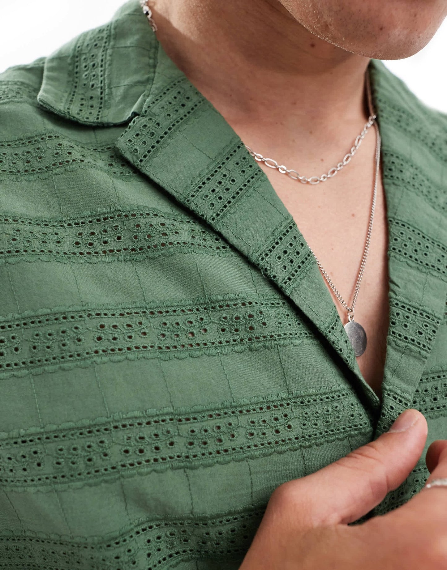 ASOS DESIGN short sleeve boxy oversized revere collar broderie shirt in dark green - ASOS Sample Sale EU Store