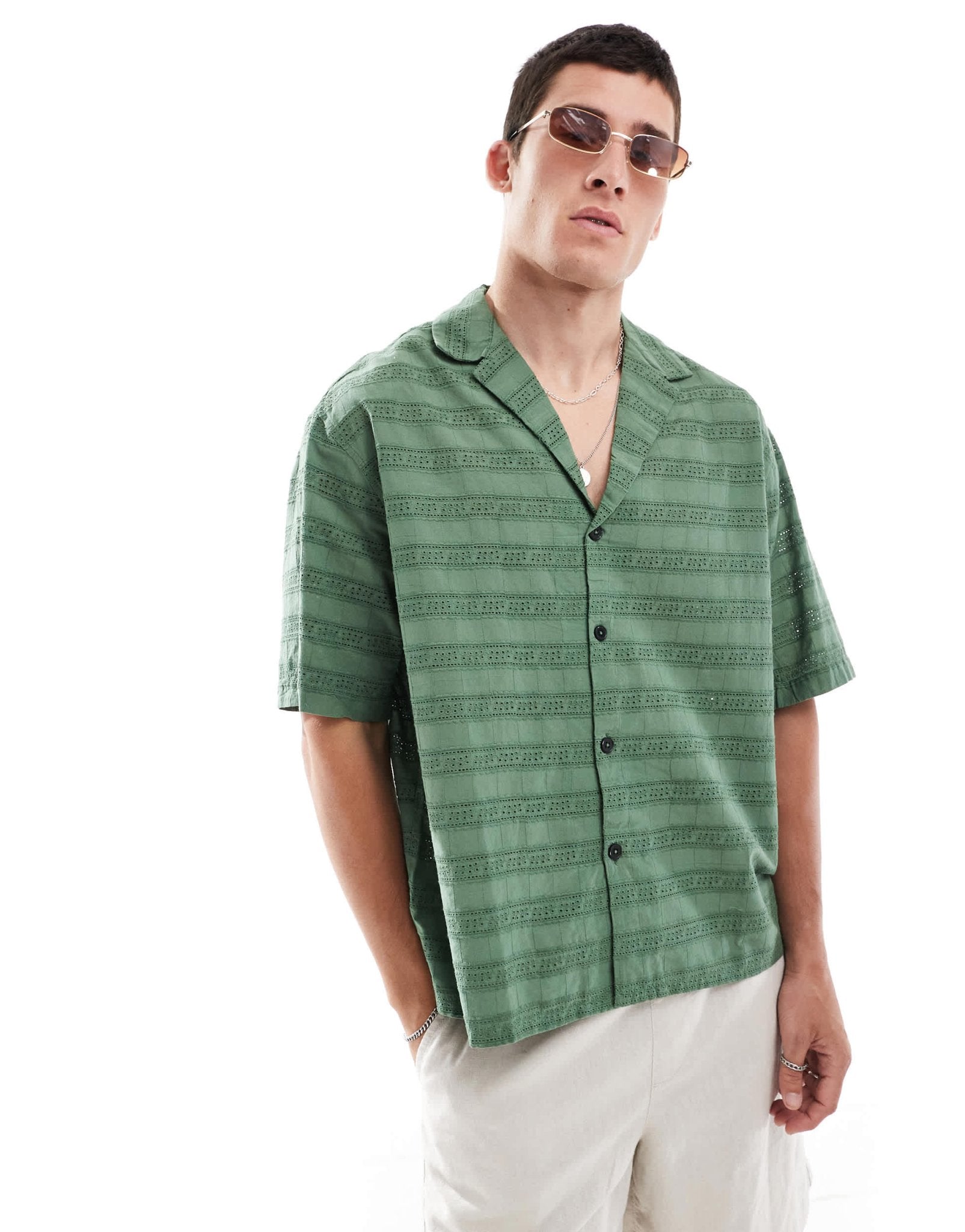 ASOS DESIGN short sleeve boxy oversized revere collar broderie shirt in dark green - ASOS Sample Sale EU Store