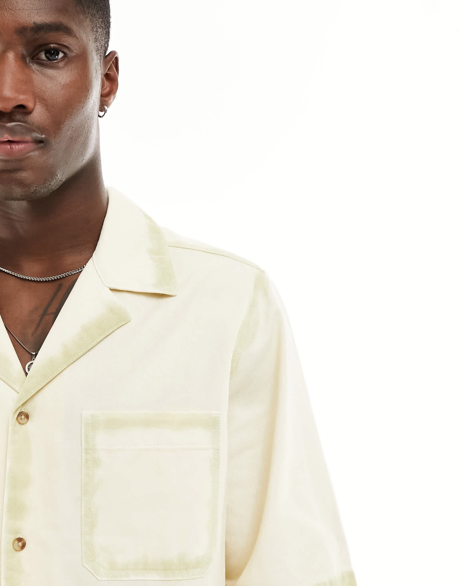 ASOS DESIGN short sleeve boxy relaxed revere denim shirt with in ecru - ASOS Sample Sale EU Store