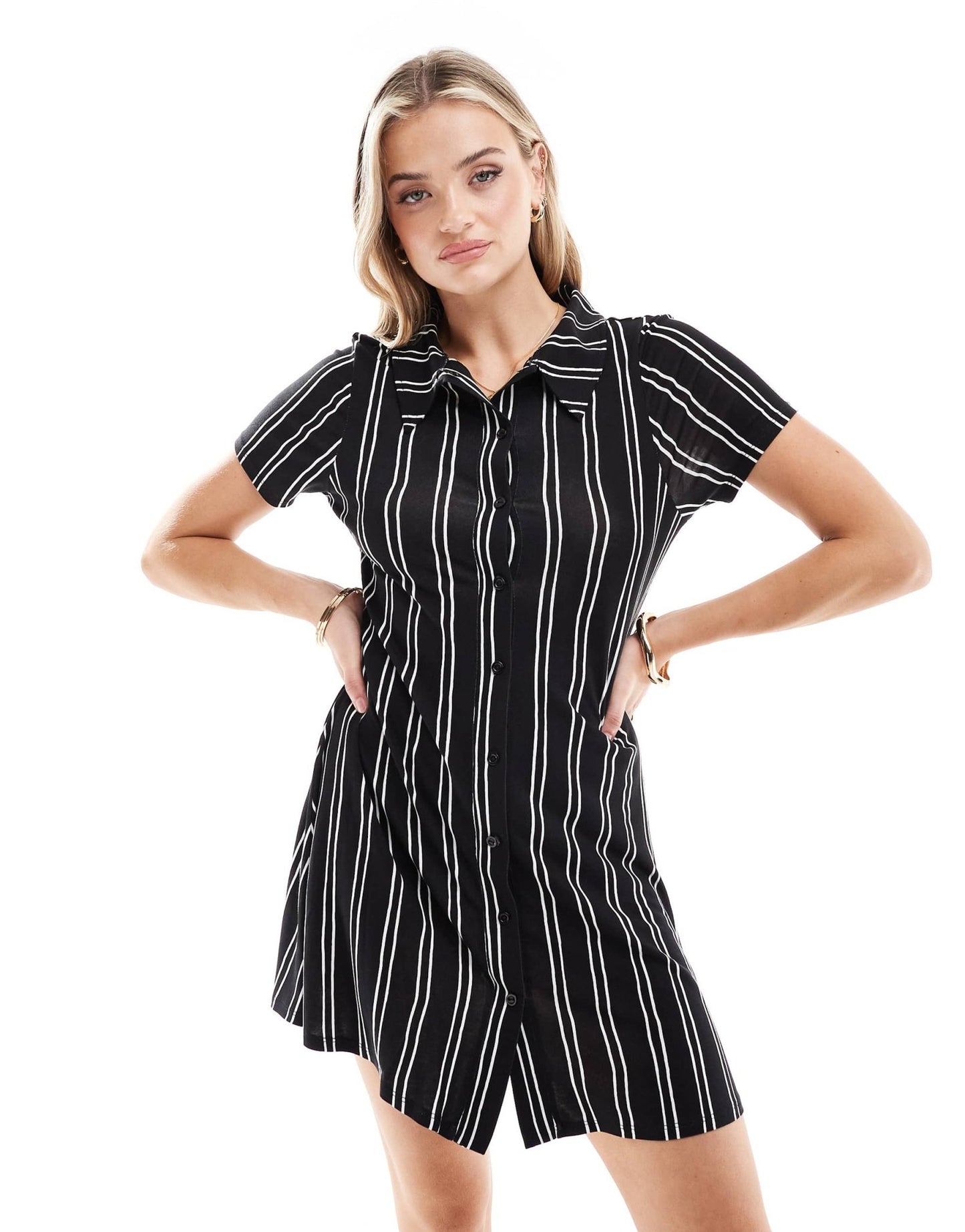ASOS DESIGN short sleeve button through mini dress in black stripe - ASOS Sample Sale EU Store