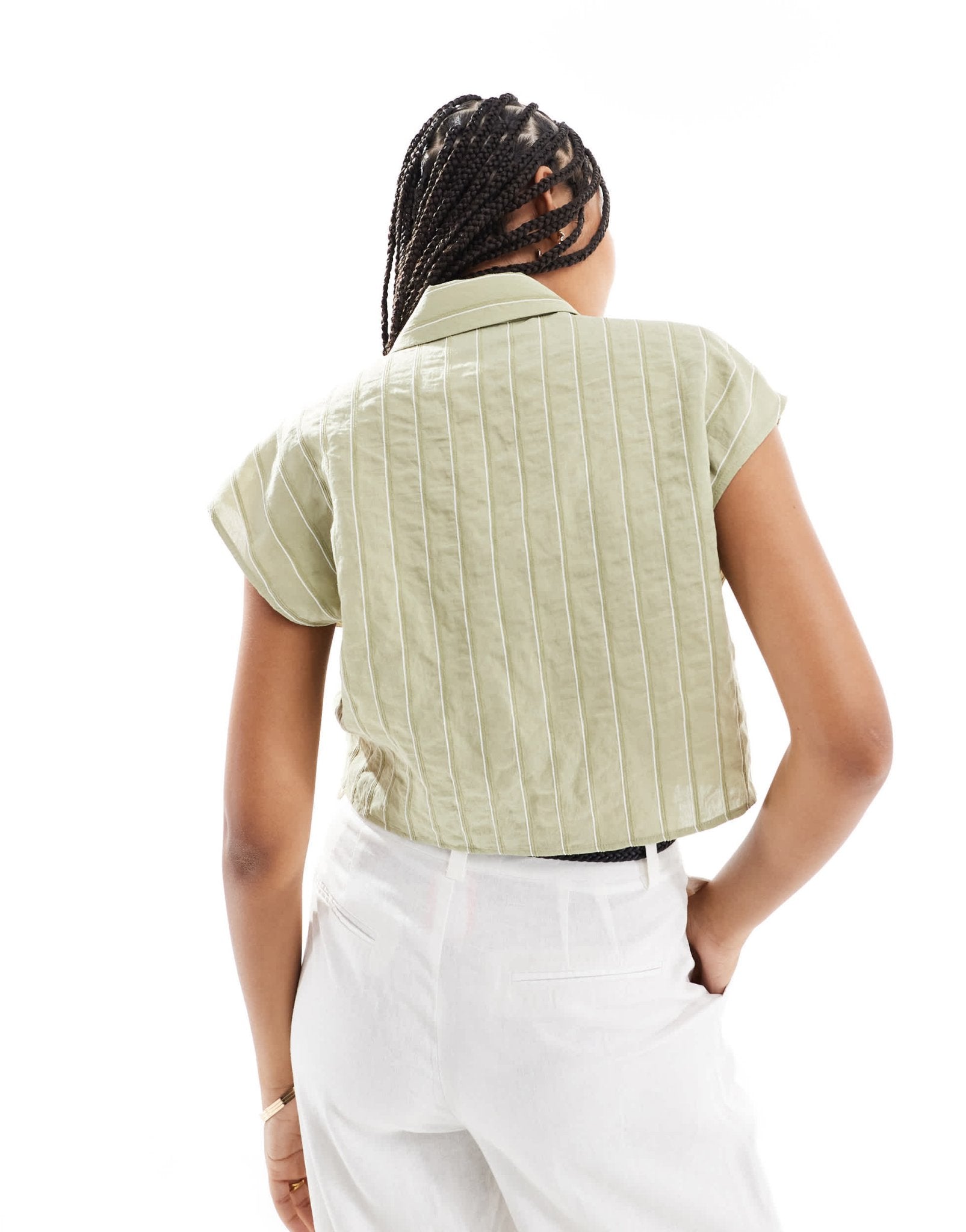 ASOS DESIGN short sleeve cropped shirt in textured green stripe - ASOS Sample Sale EU Store