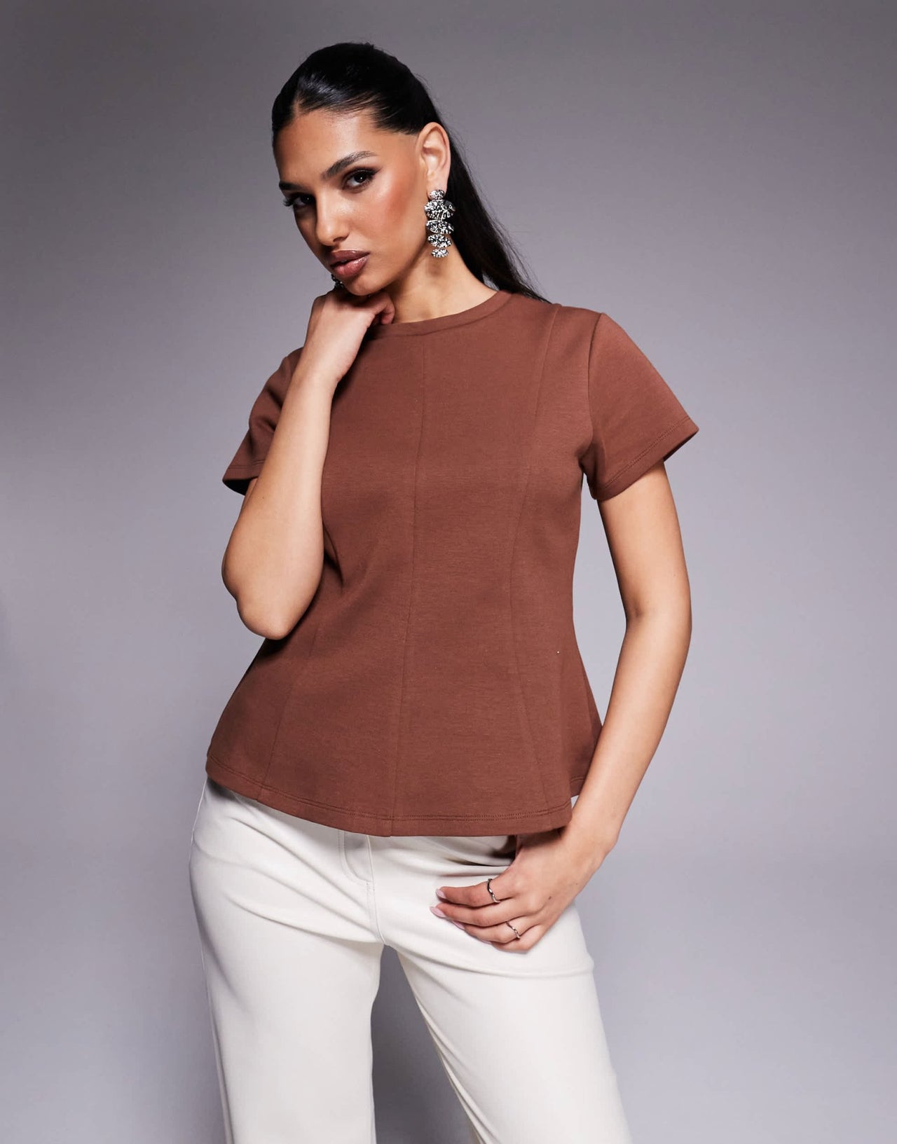 ASOS DESIGN short sleeve interlock t shirt with seaming detail in brown - ASOS Sample Sale EU Store