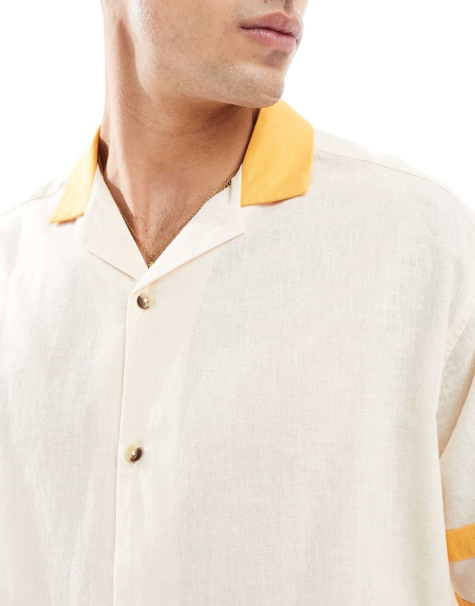 ASOS DESIGN short sleeve oversized linen blend revere shirt with panelling in ecru and yellow - ASOS Sample Sale EU Store