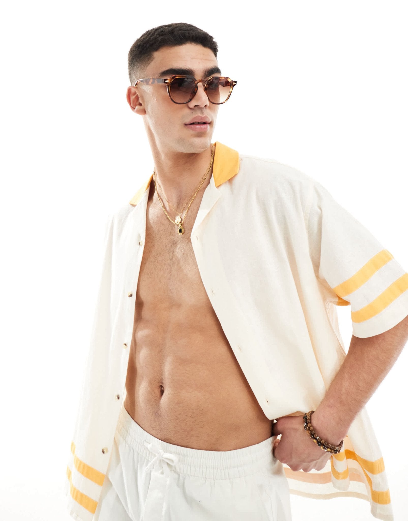 ASOS DESIGN short sleeve oversized linen blend revere shirt with panelling in ecru and yellow - ASOS Sample Sale EU Store