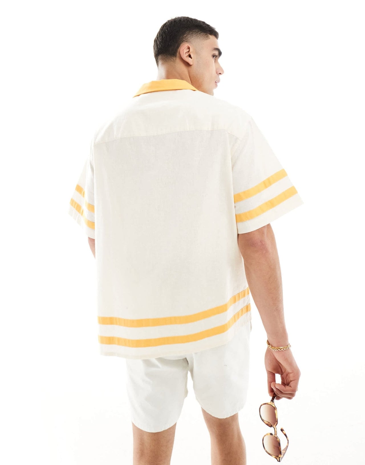 ASOS DESIGN short sleeve oversized linen blend revere shirt with panelling in ecru and yellow - ASOS Sample Sale EU Store