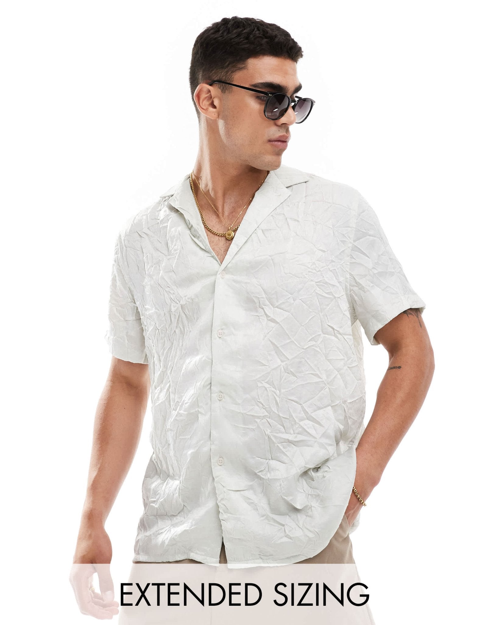 ASOS DESIGN short sleeve relaxed fit deep revere collar satin shirt in grey - ASOS Sample Sale EU Store