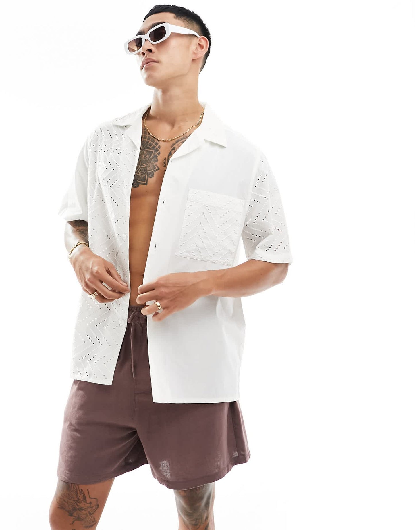 ASOS DESIGN short sleeve relaxed revere broderie shirt in white - ASOS Sample Sale EU Store