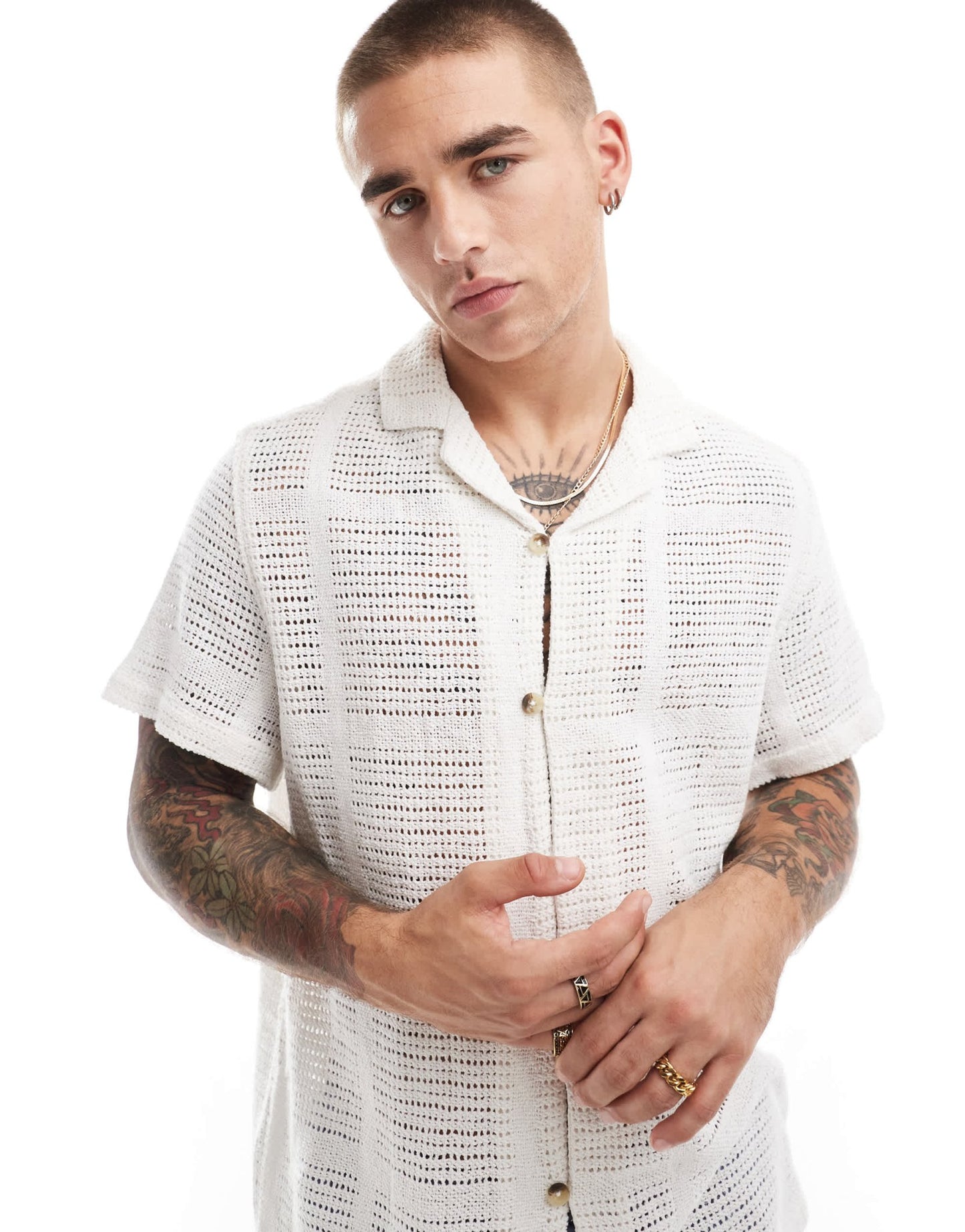 ASOS DESIGN short sleeve relaxed revere crochet shirt in ecru - ASOS Sample Sale EU Store