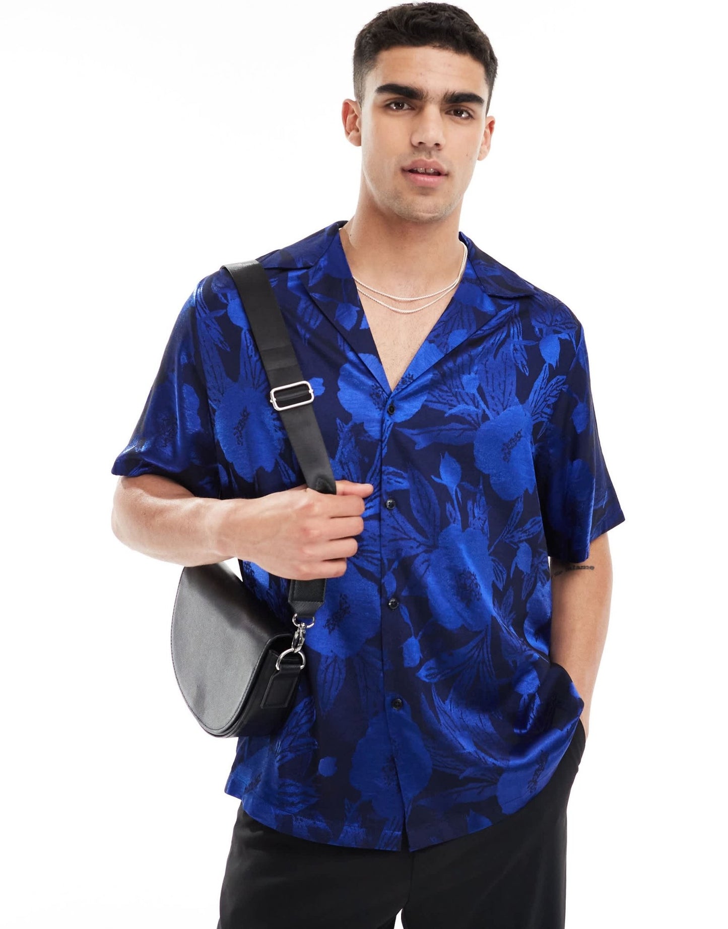 ASOS DESIGN short sleeve relaxed revere shirt in blue floral jacquard - ASOS Sample Sale EU Store
