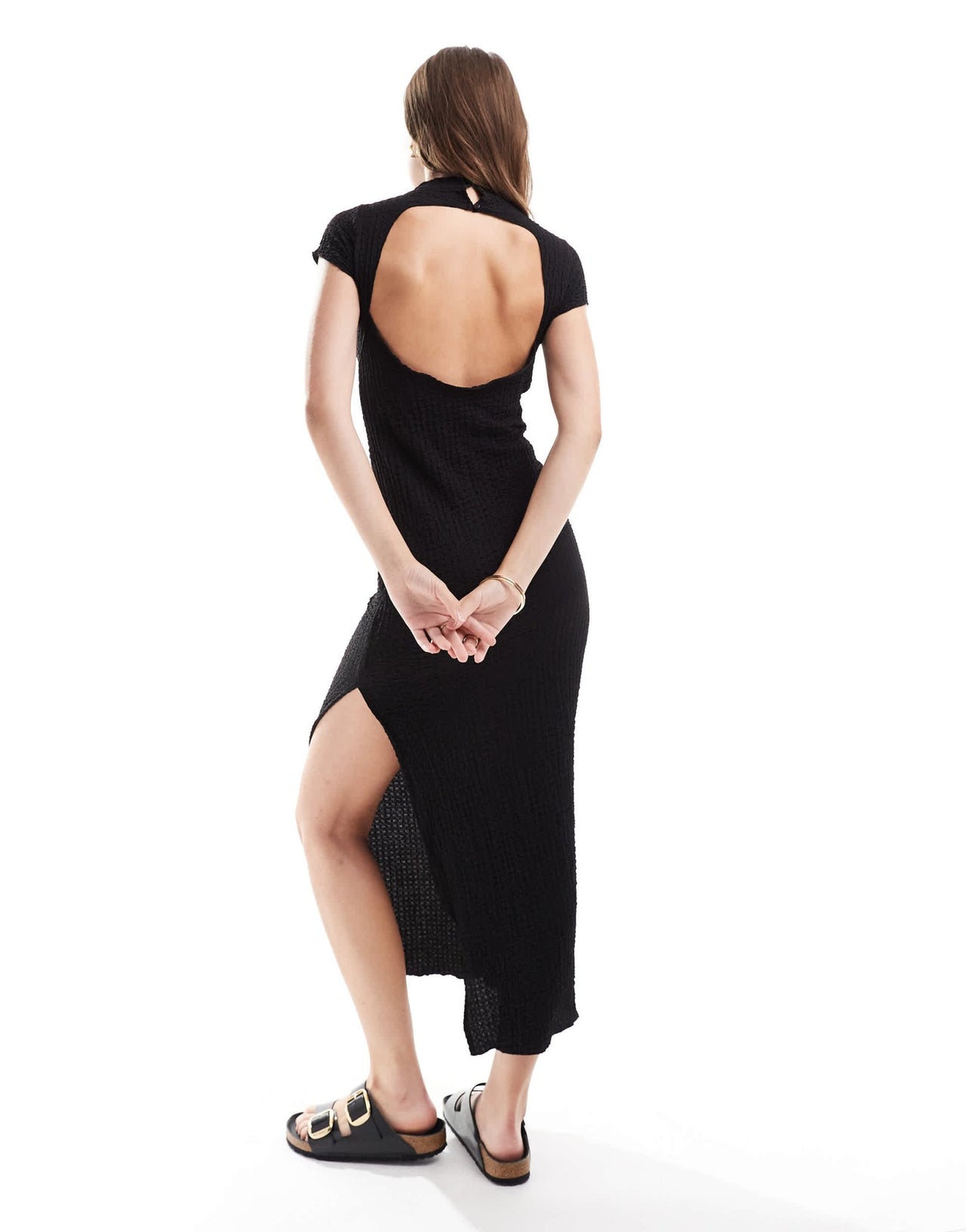 ASOS DESIGN short sleeve textured top peached midi dress in black - ASOS Sample Sale EU Store