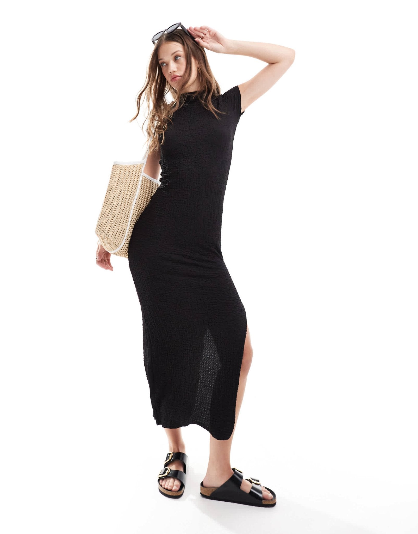 ASOS DESIGN short sleeve textured top peached midi dress in black - ASOS Sample Sale EU Store