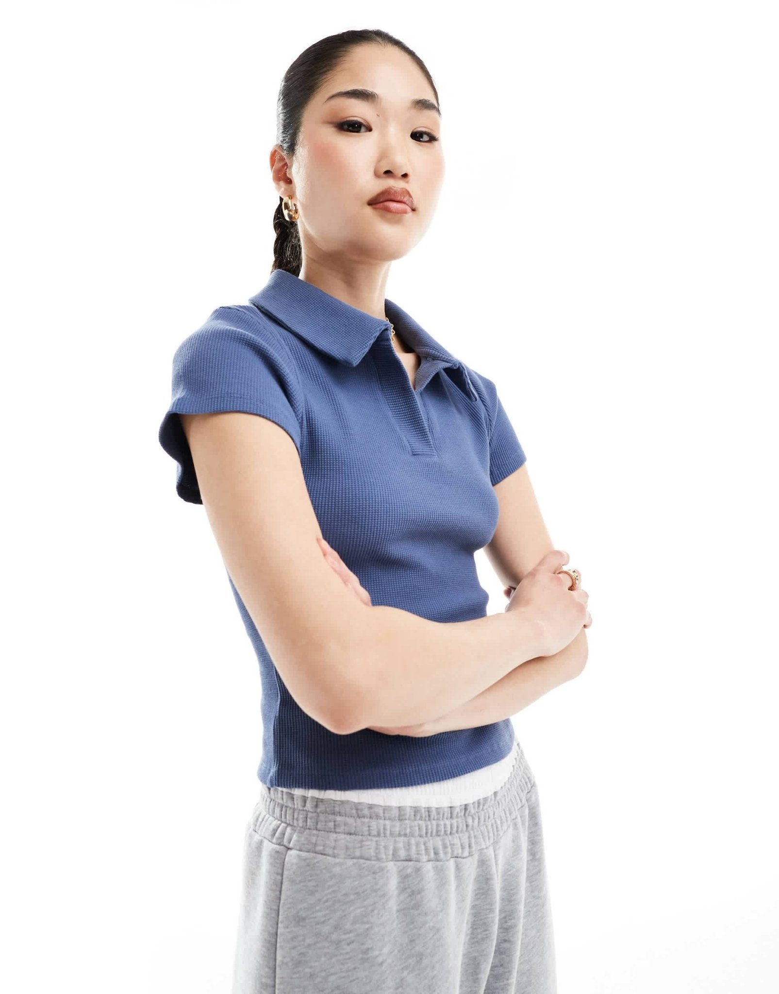 ASOS DESIGN short sleeve waffle fitted polo top in blue - ASOS Sample Sale EU Store