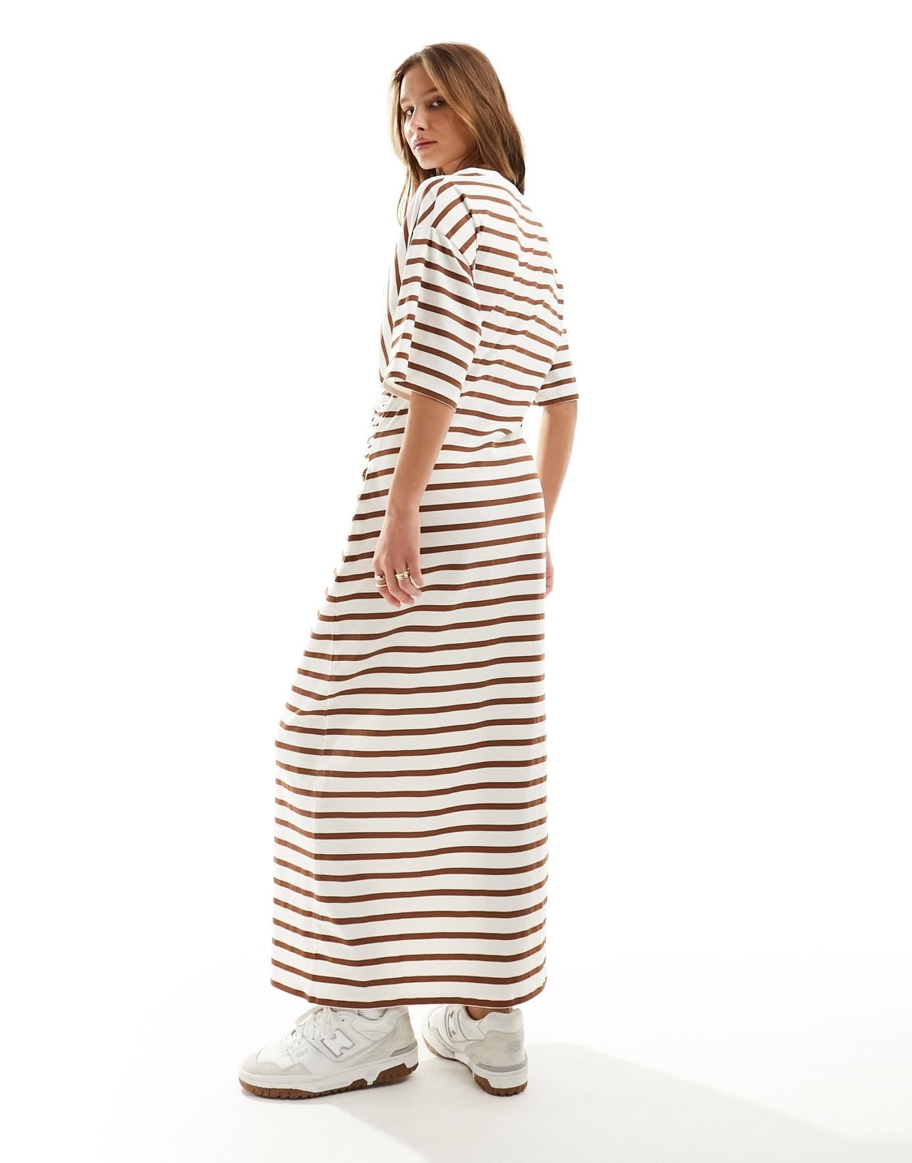 ASOS DESIGN short sleeve with twist detail midaxi dress in cream and brown stripe - ASOS Sample Sale EU Store