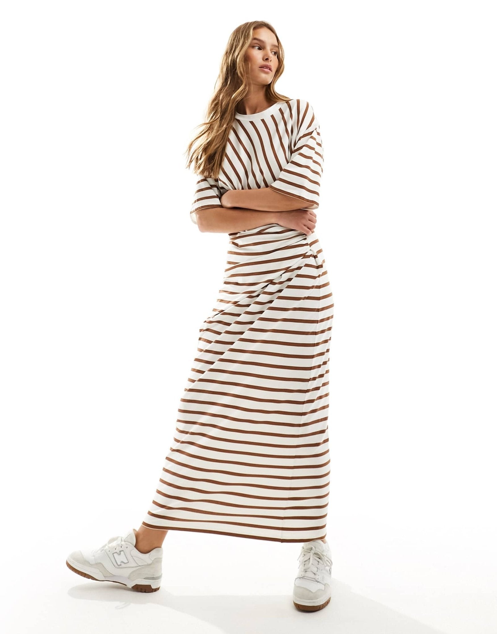 ASOS DESIGN short sleeve with twist detail midaxi dress in cream and brown stripe - ASOS Sample Sale EU Store