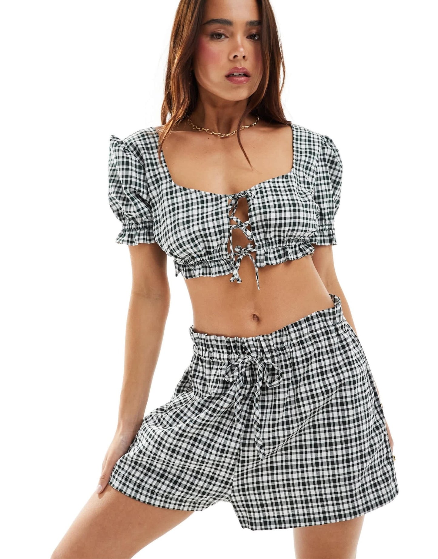 ASOS DESIGN short with ruffle detail in mono gingham co - ord - ASOS Sample Sale EU Store