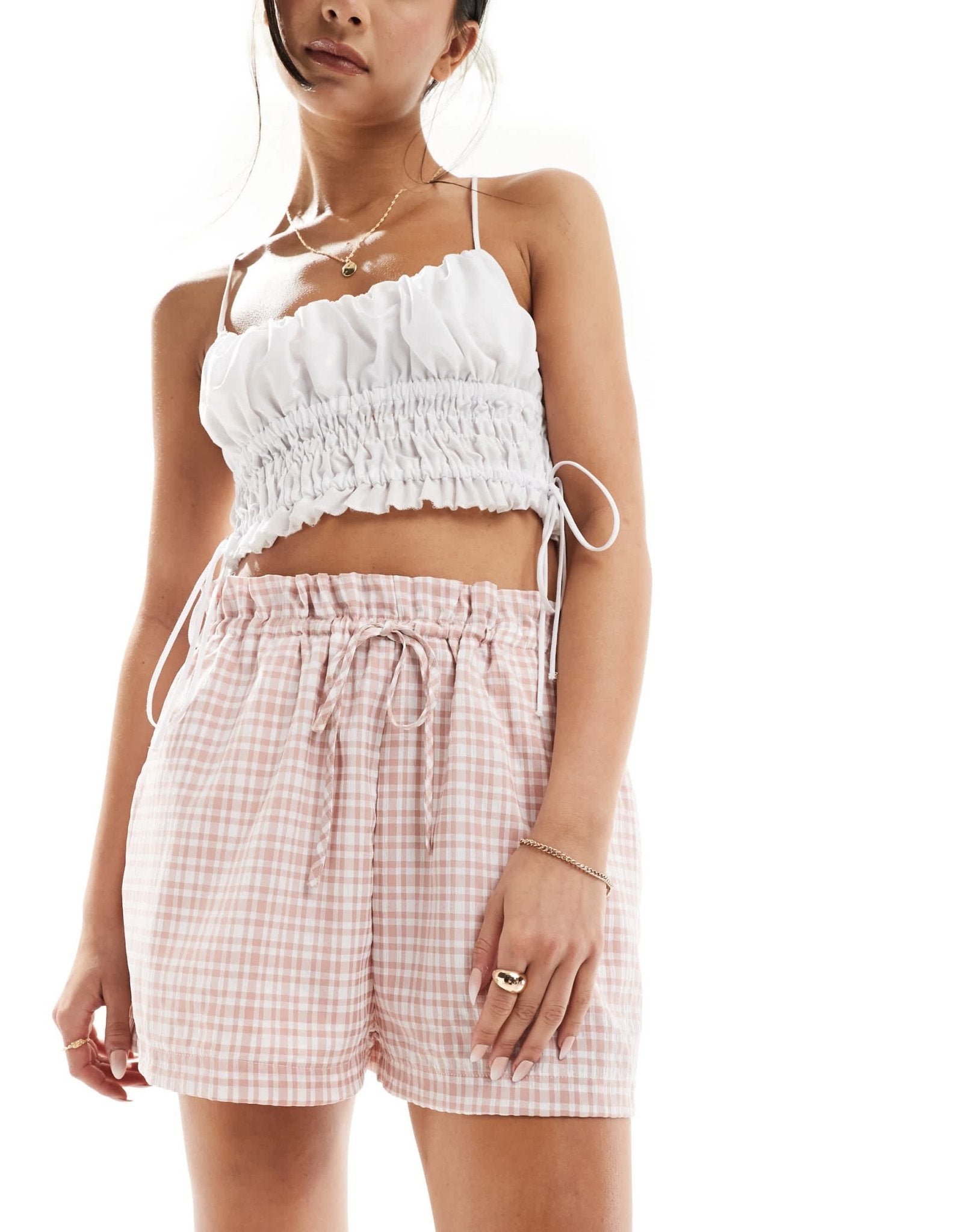 ASOS DESIGN short with ruffle detail in pink gingham - ASOS Sample Sale EU Store