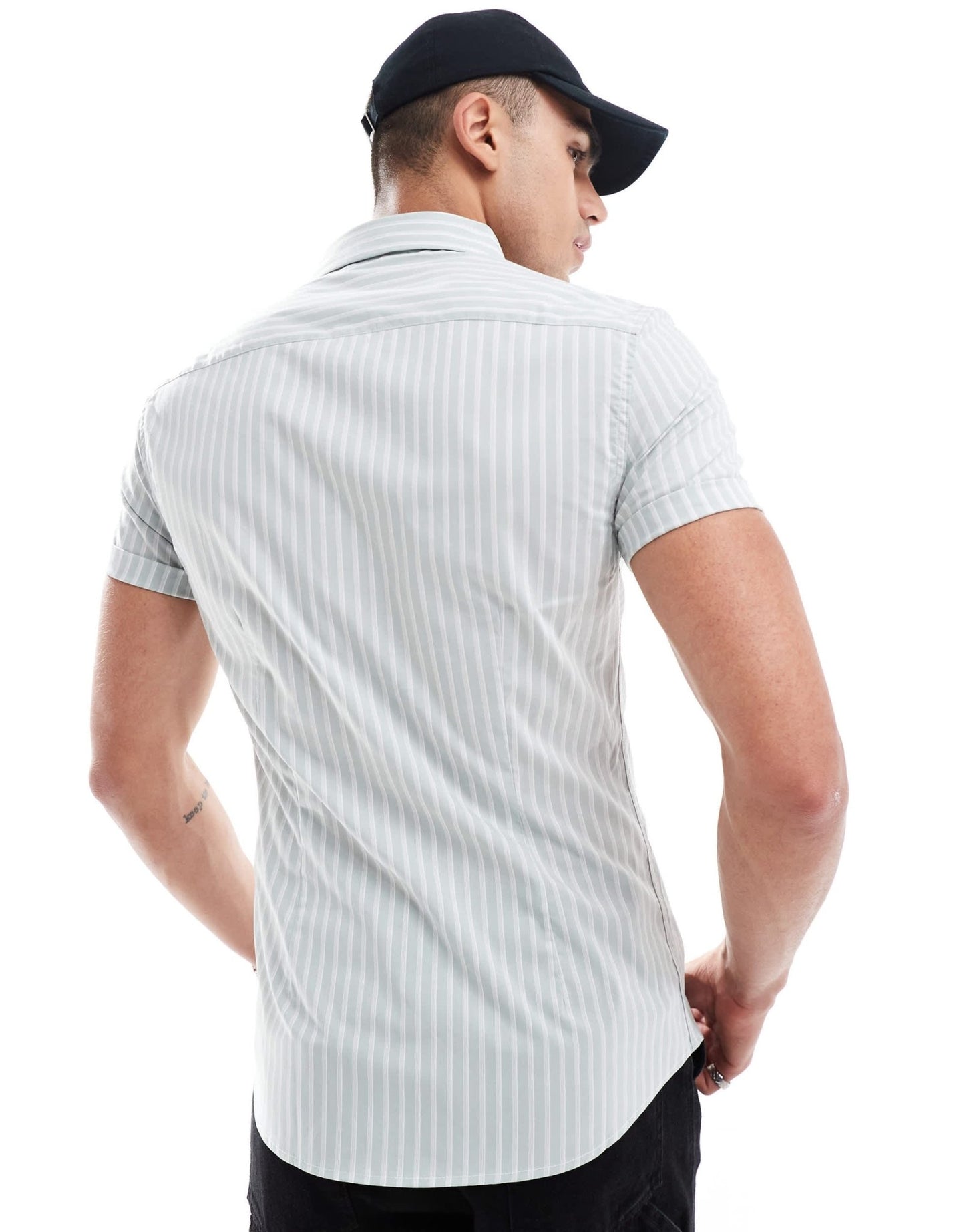 ASOS DESIGN skinny fit stripe work shirt with roll sleeves in light green - ASOS Sample Sale EU Store