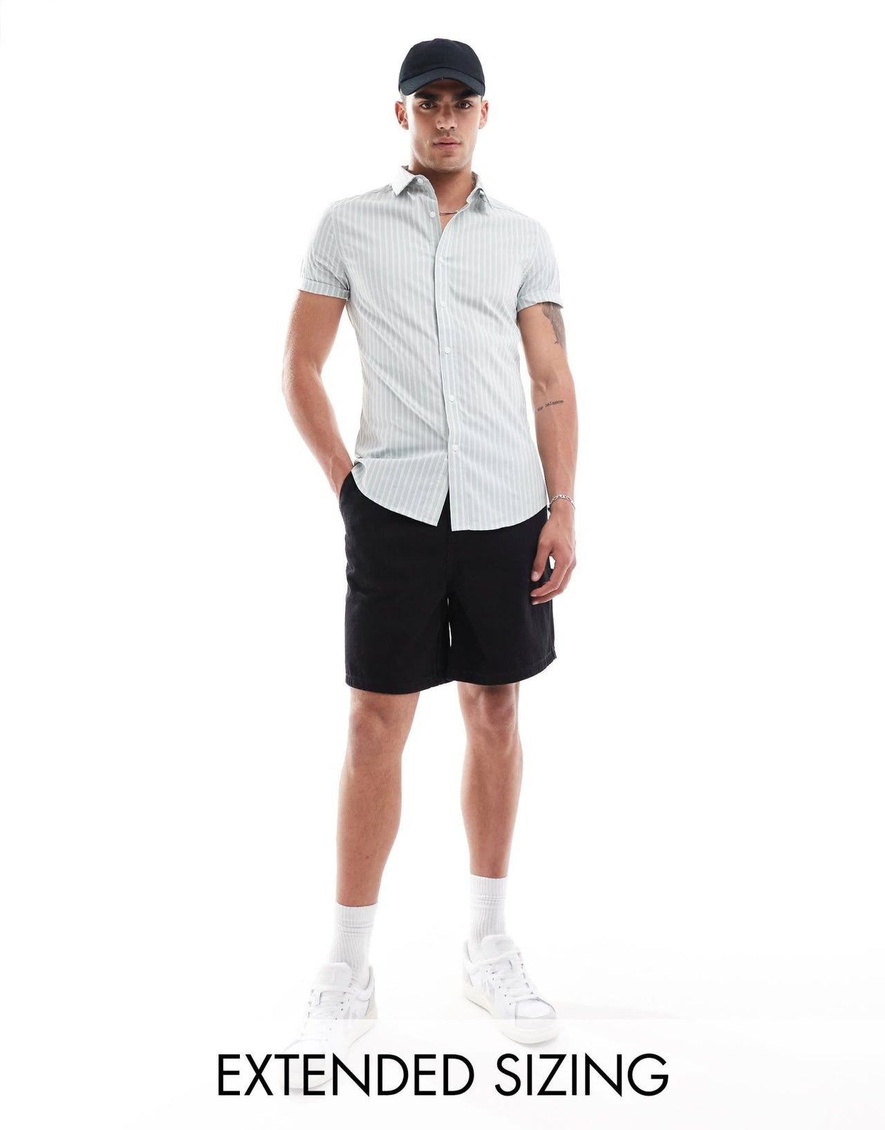 ASOS DESIGN skinny fit stripe work shirt with roll sleeves in light green - ASOS Sample Sale EU Store