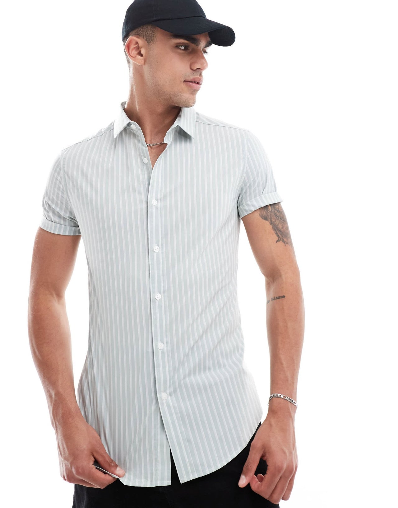 ASOS DESIGN skinny fit stripe work shirt with roll sleeves in light green - ASOS Sample Sale EU Store
