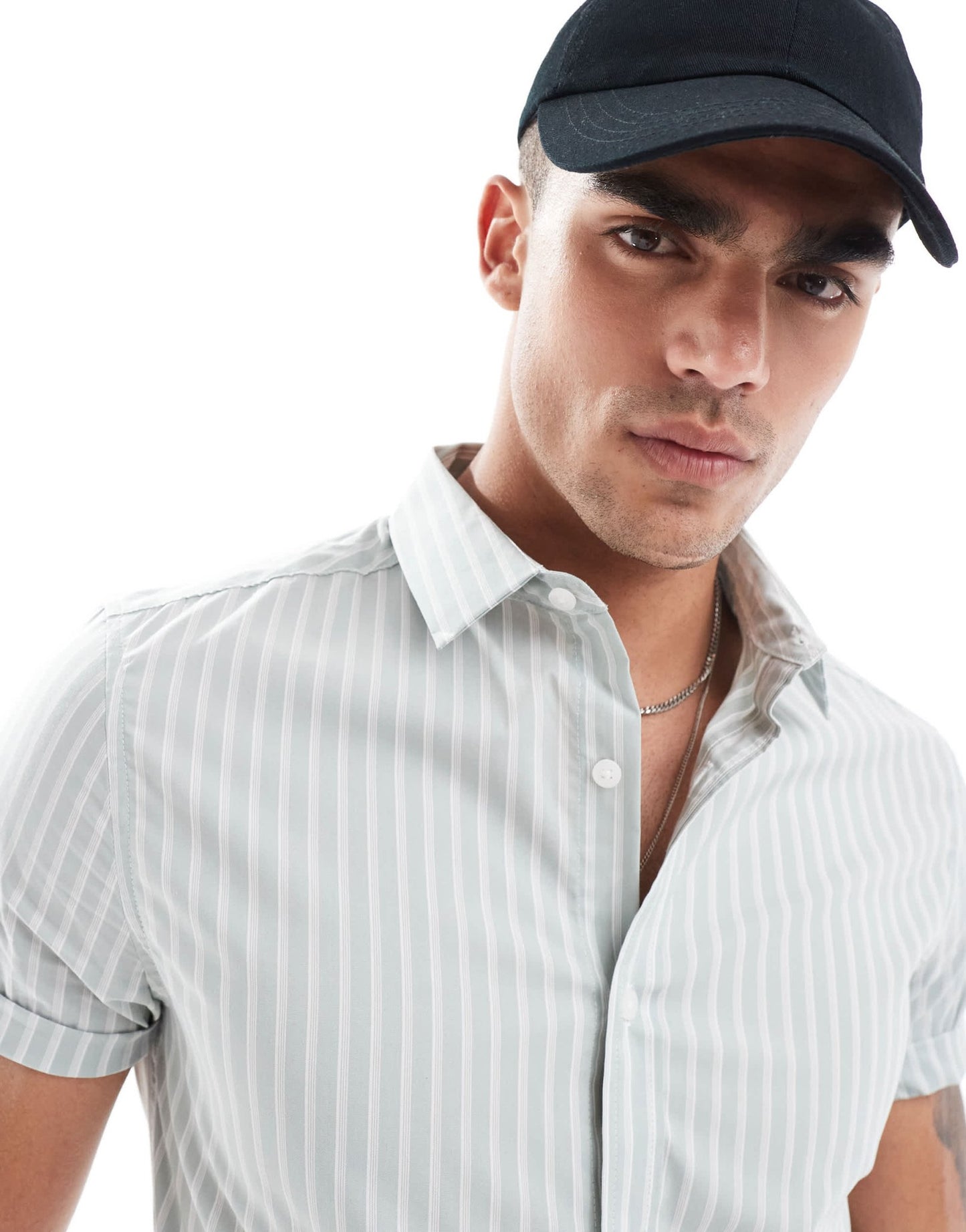 ASOS DESIGN skinny fit stripe work shirt with roll sleeves in light green - ASOS Sample Sale EU Store