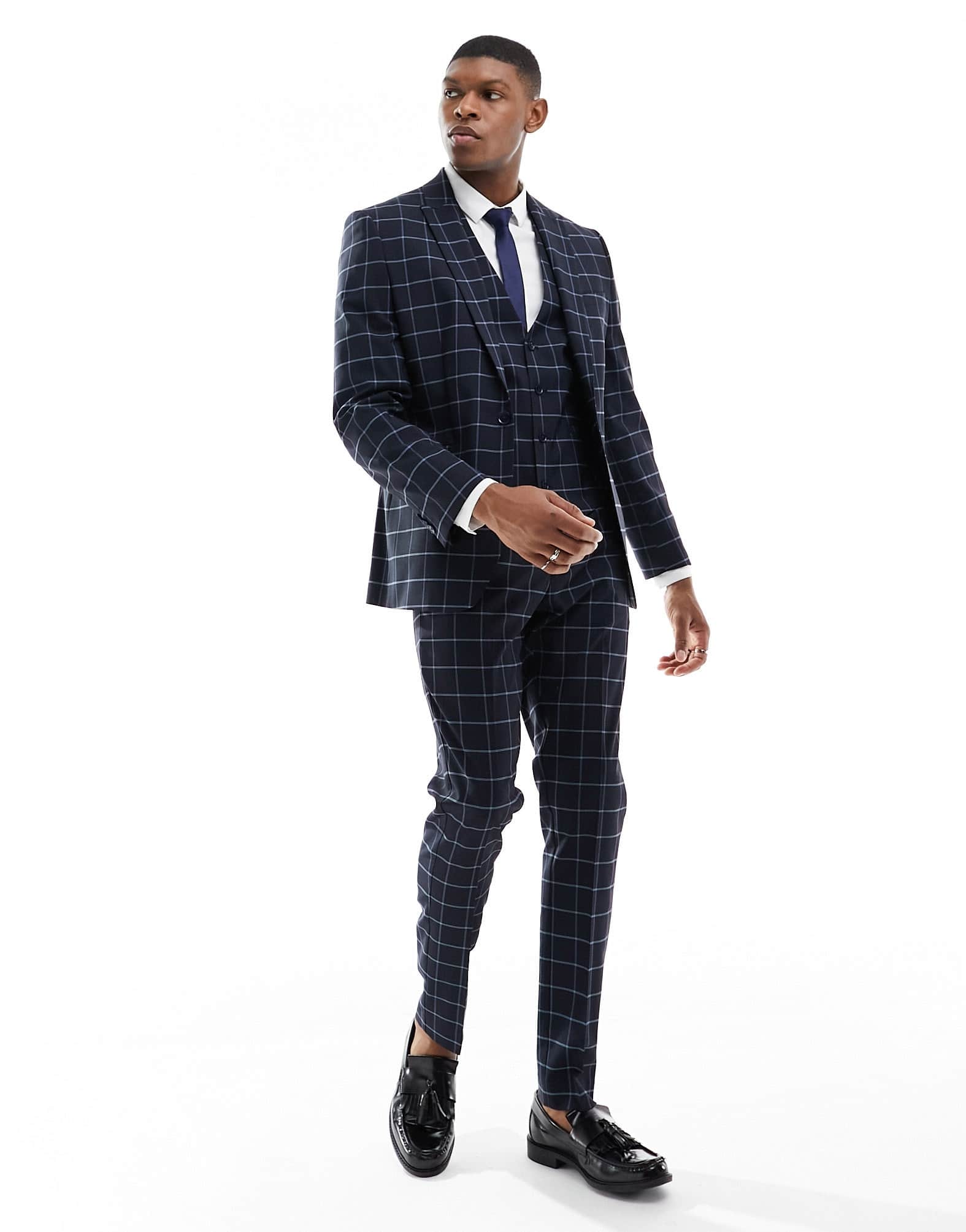 ASOS DESIGN skinny windowpane check suit jacket in navy - ASOS Sample Sale EU Store