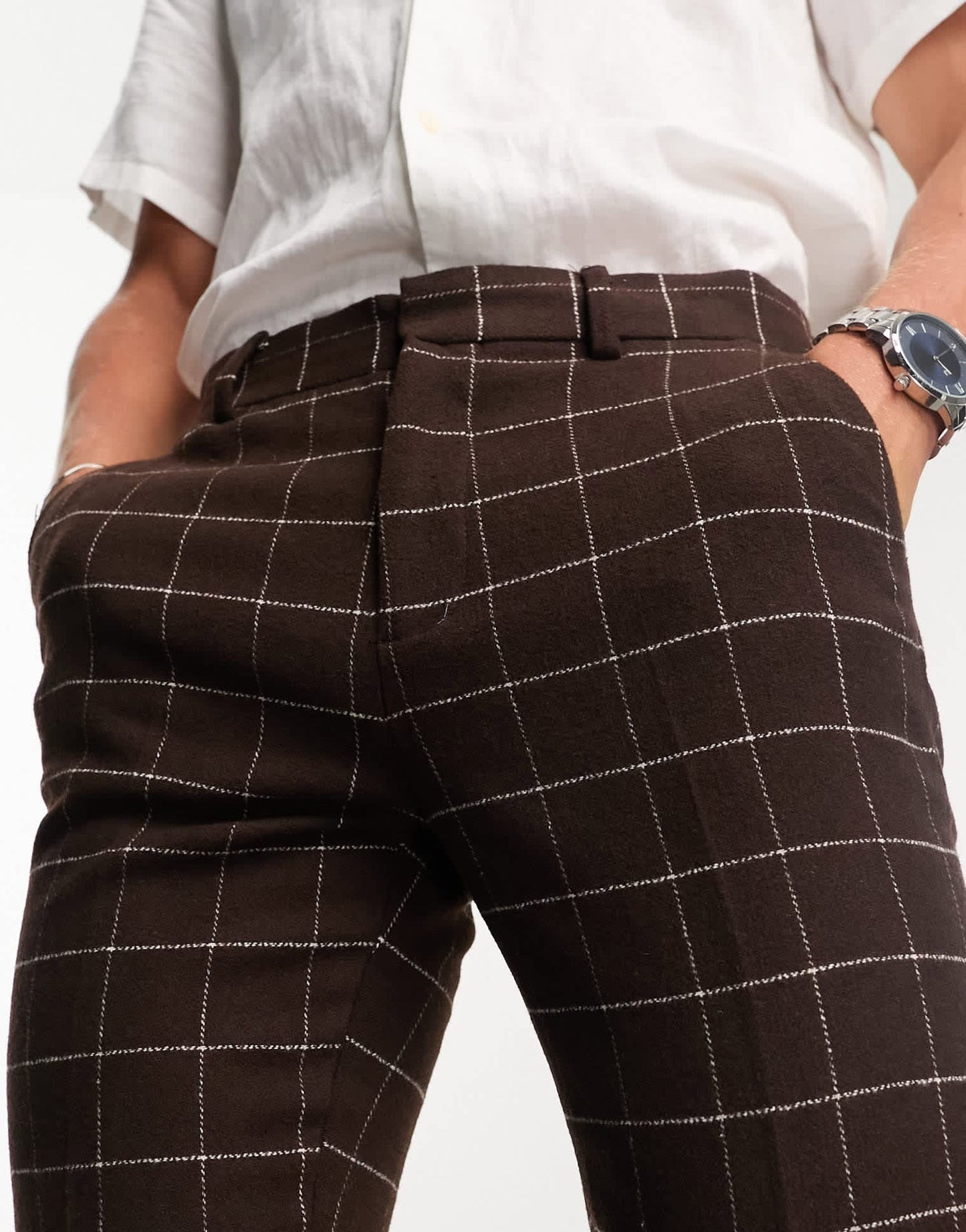 ASOS DESIGN skinny wool mix smart trousers in chocolate brown window check - ASOS Sample Sale EU Store