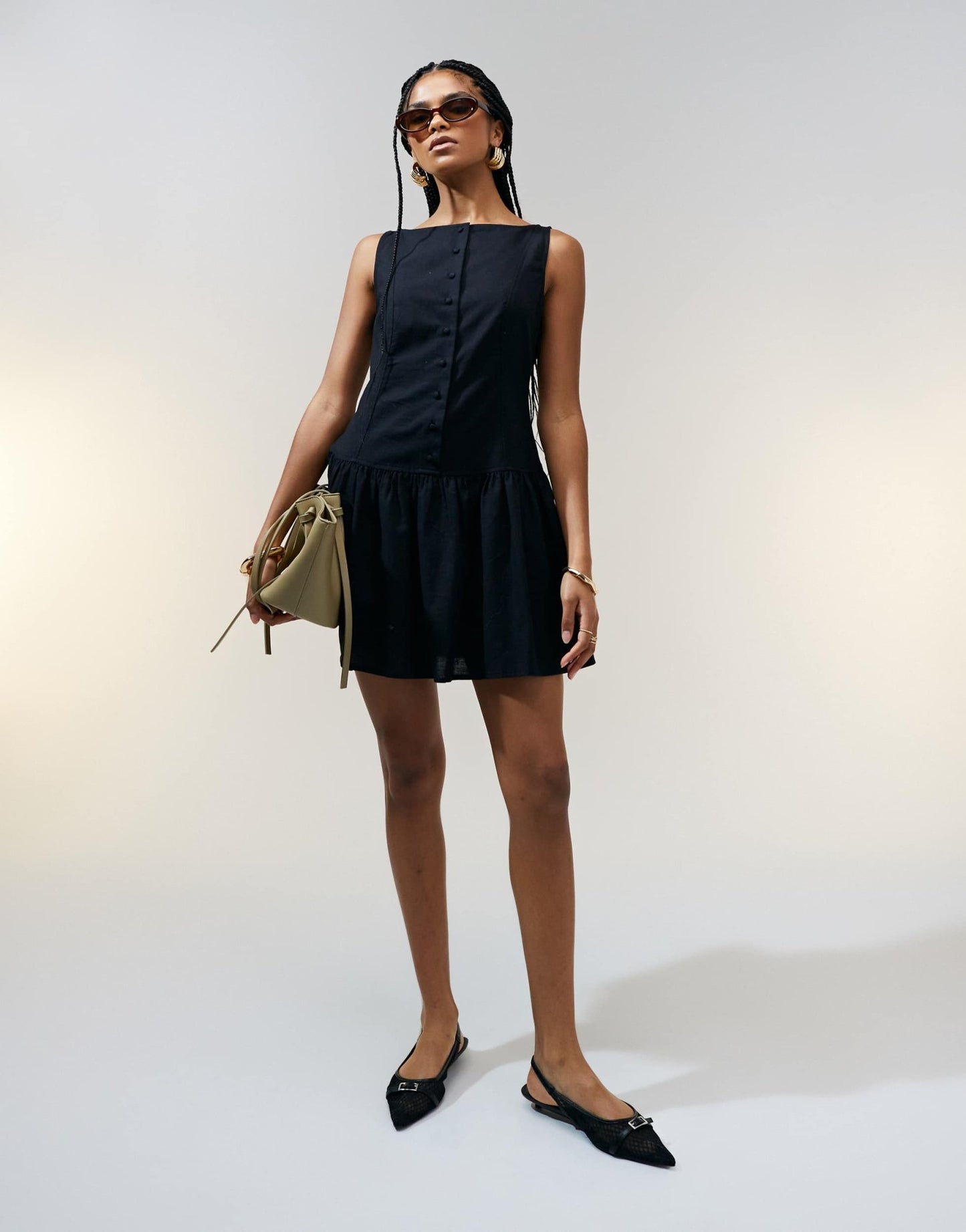 ASOS DESIGN slash neck button down dropped waist mini sundress in black - ASOS Sample Sale EU Store