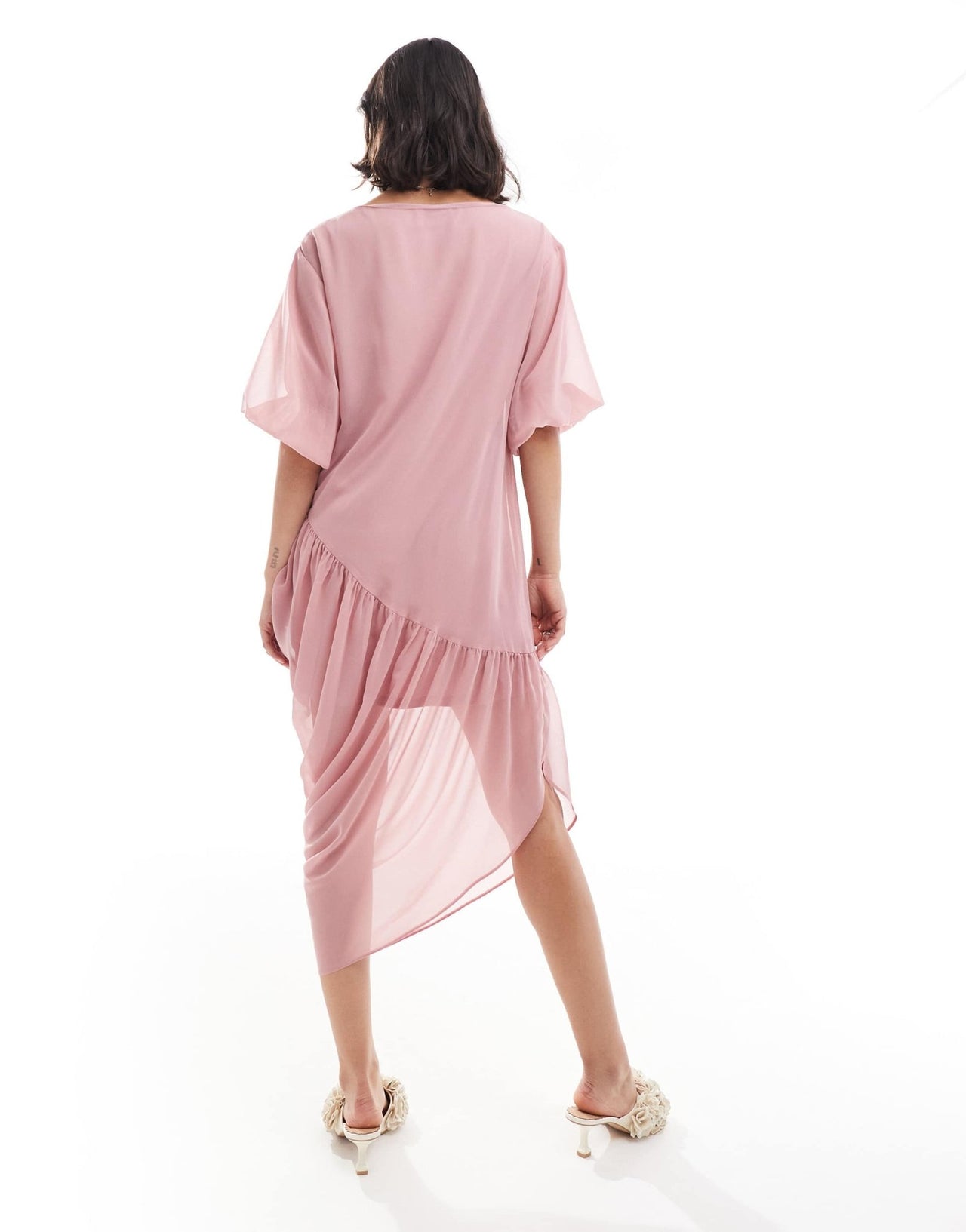 ASOS DESIGN slash neck gathered asym midi dress in rose pink - ASOS Sample Sale EU Store