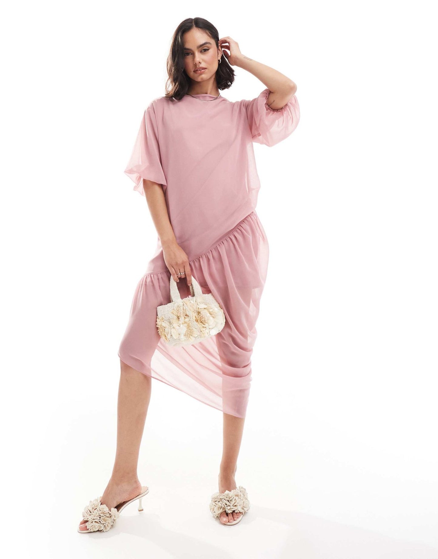 ASOS DESIGN slash neck gathered asym midi dress in rose pink - ASOS Sample Sale EU Store