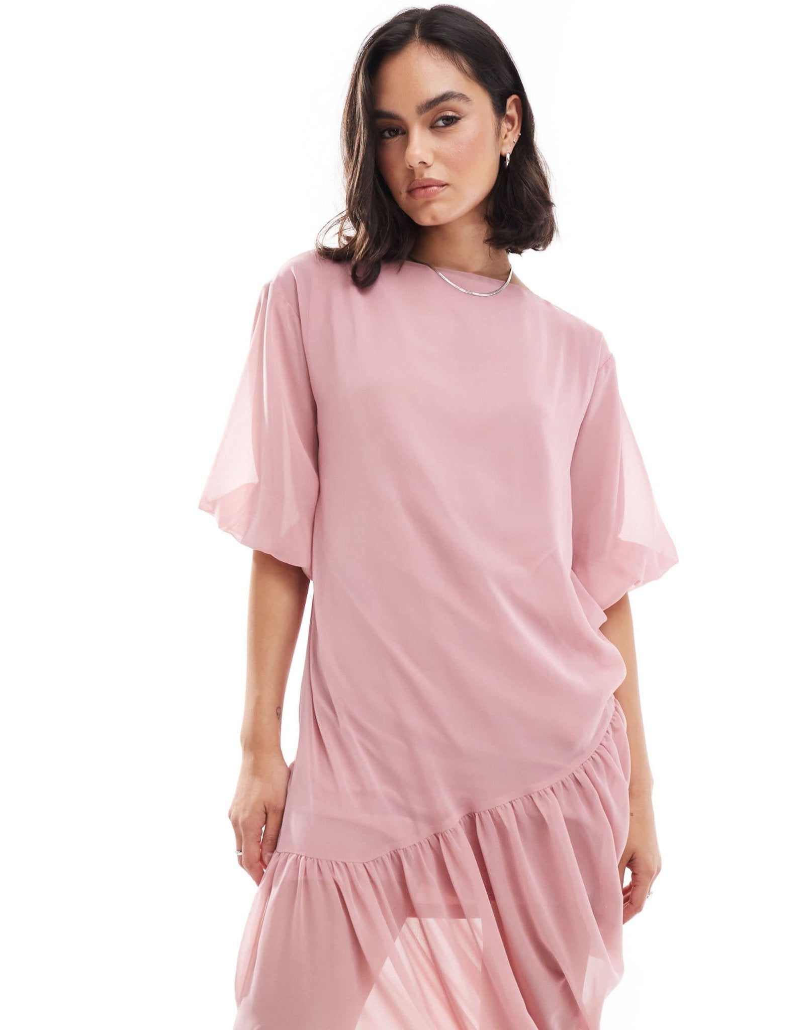 ASOS DESIGN slash neck gathered asym midi dress in rose pink - ASOS Sample Sale EU Store