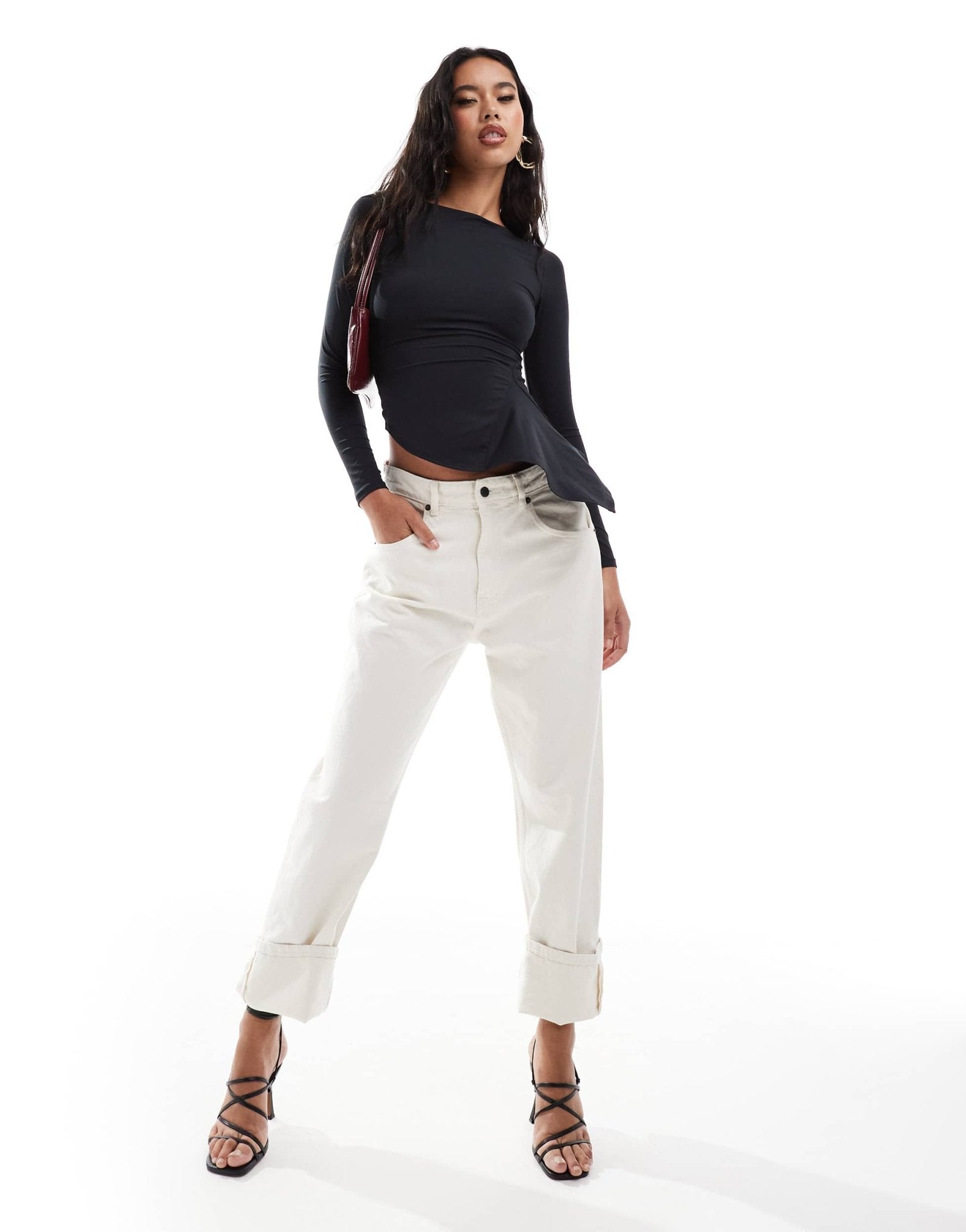 ASOS DESIGN slash neck long sleeve top with ruffle godet detail in black - ASOS Sample Sale EU Store