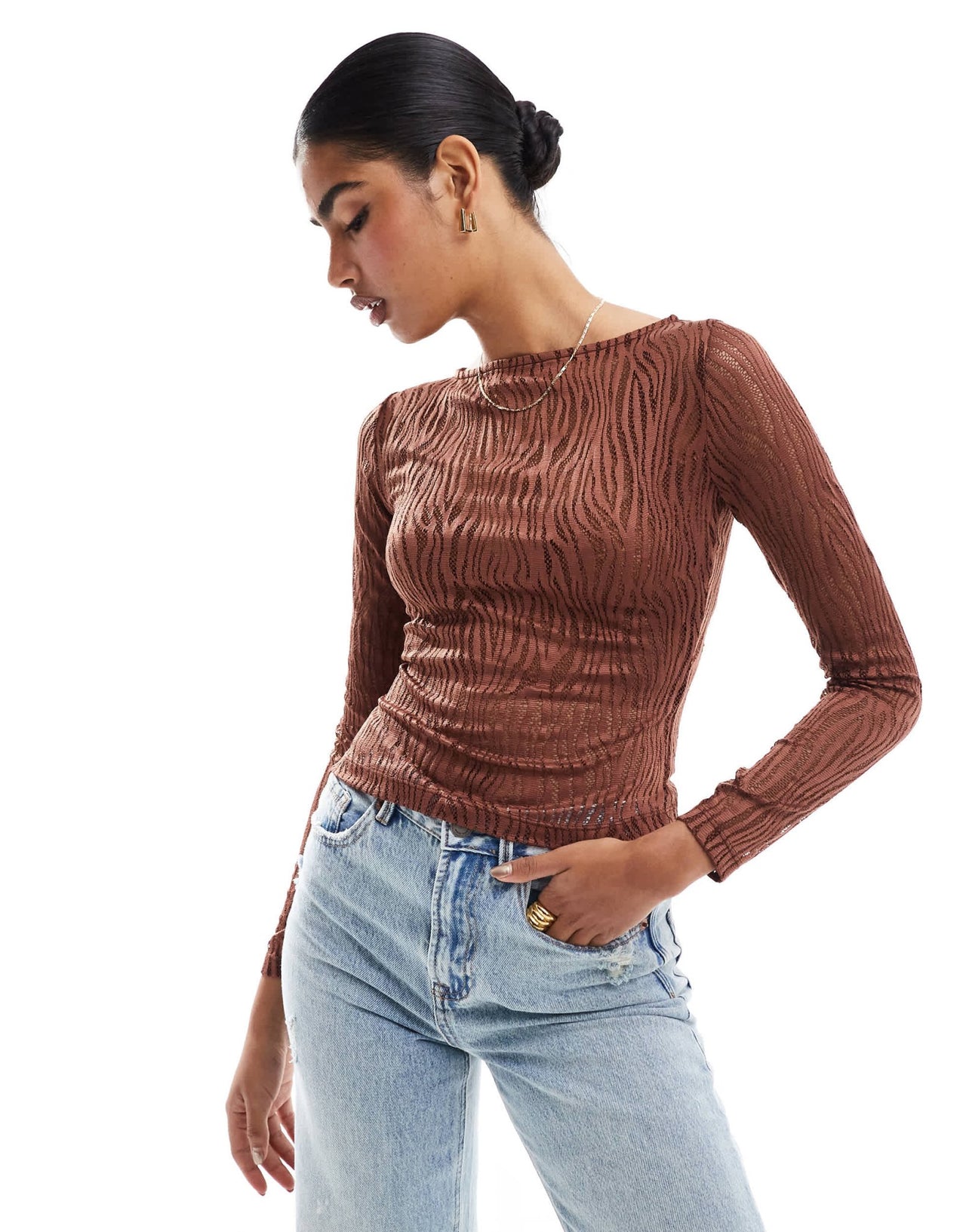 ASOS DESIGN slash neck zebra lace top in chocolate brown - ASOS Sample Sale EU Store
