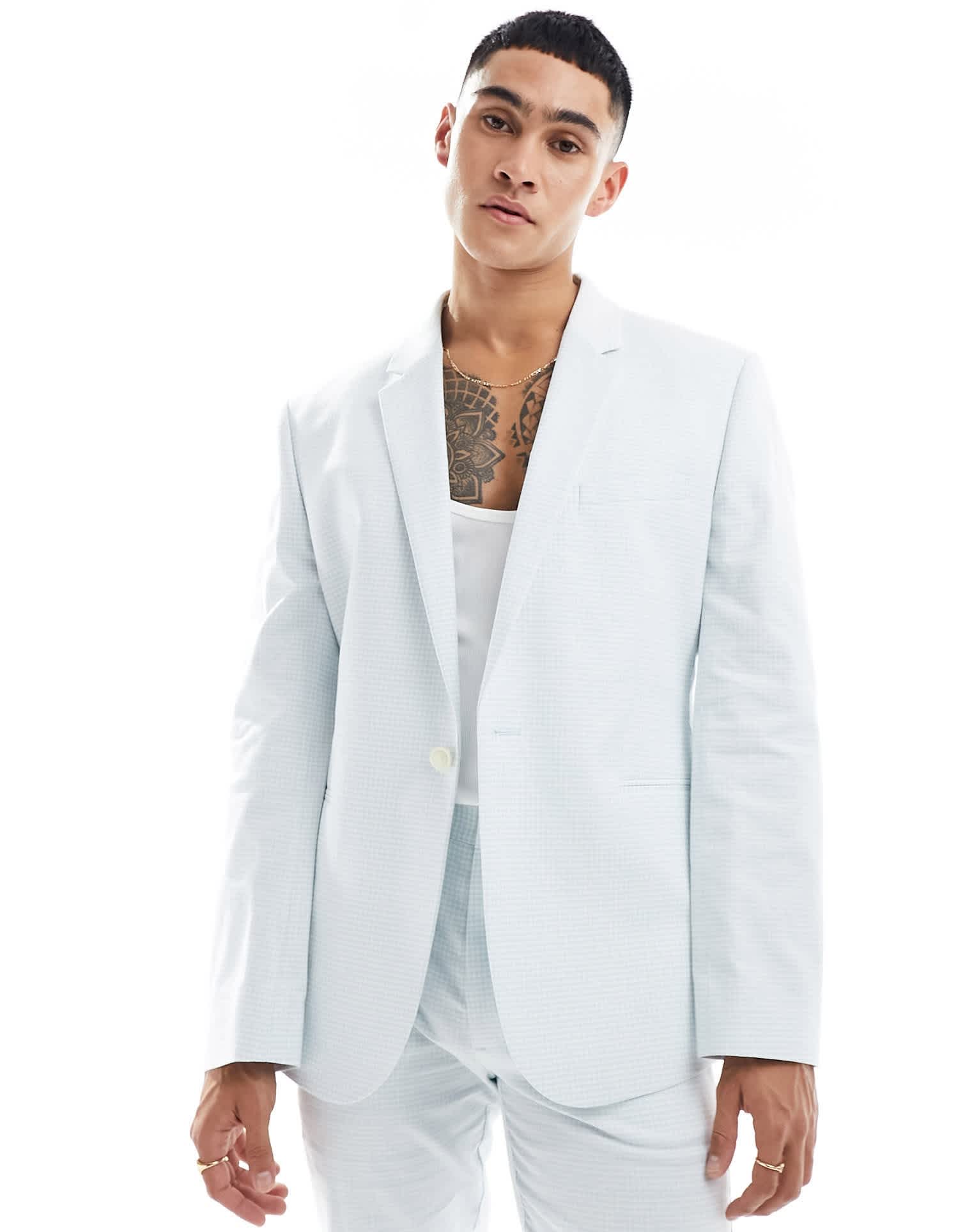 ASOS DESIGN slim gingham suit jacket in blue - ASOS Sample Sale EU Store