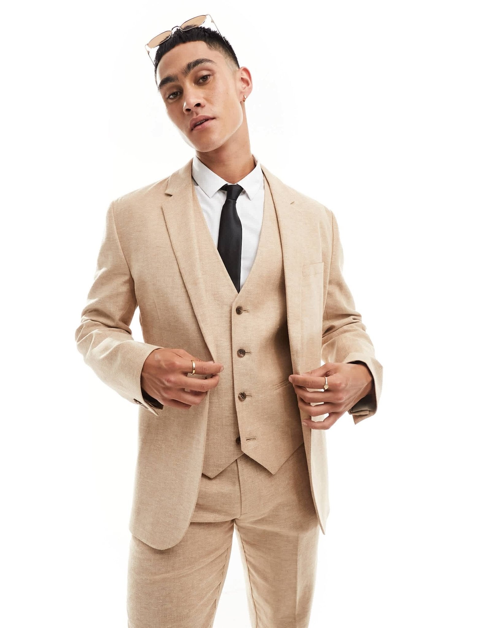 ASOS DESIGN slim herringbone suit jacket with linen in stone - ASOS Sample Sale EU Store