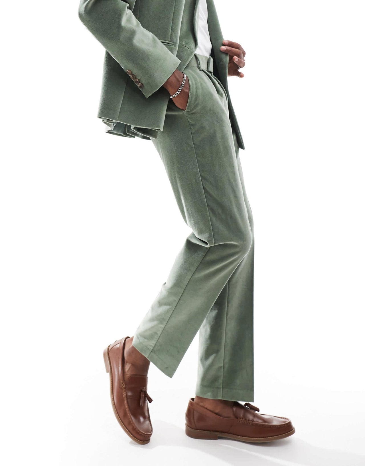 ASOS DESIGN slim pleat front suit trousers in sage green cotton velvet - ASOS Sample Sale EU Store