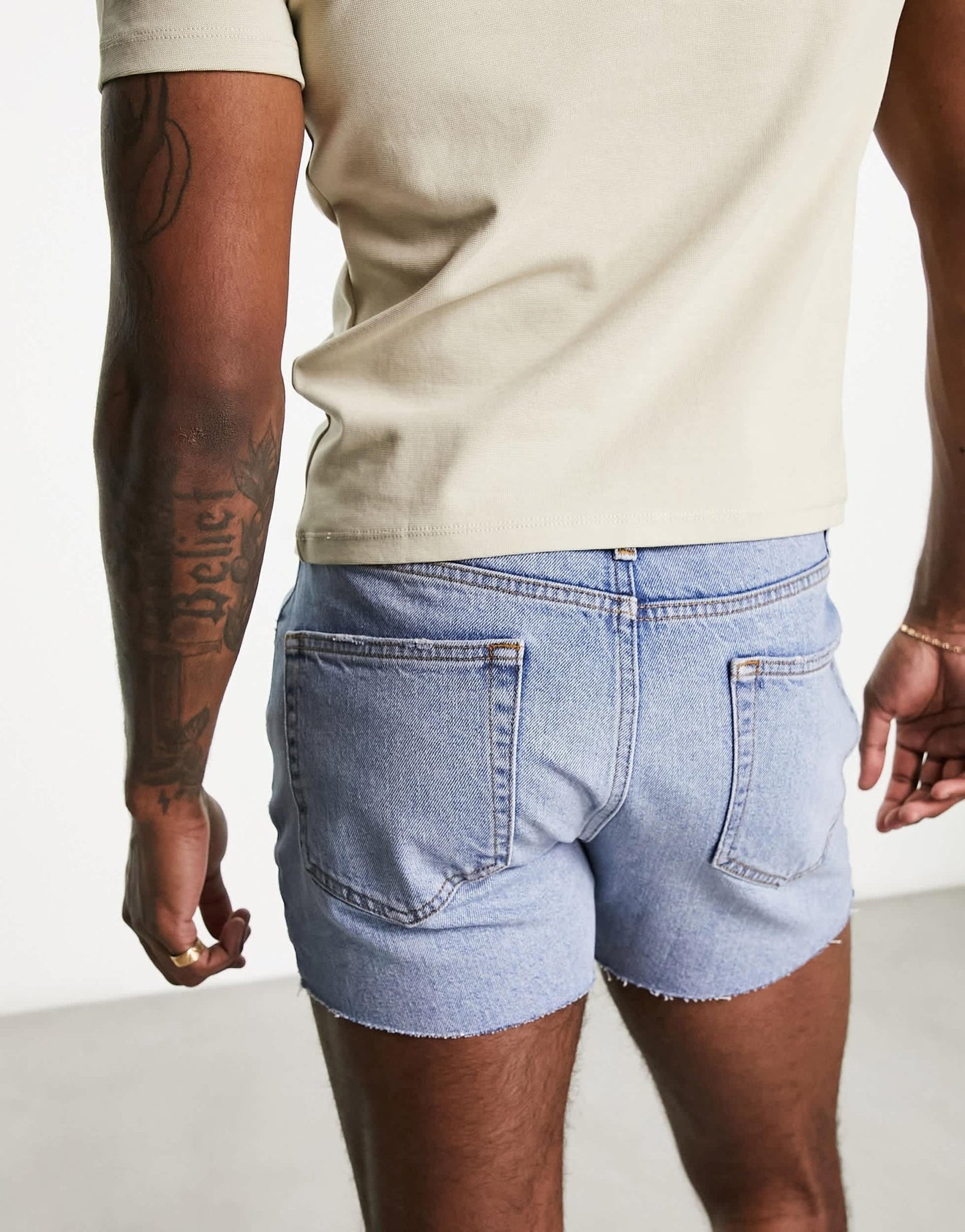 ASOS DESIGN slim shorter length ripped denim shorts in light blue wash - ASOS Sample Sale EU Store