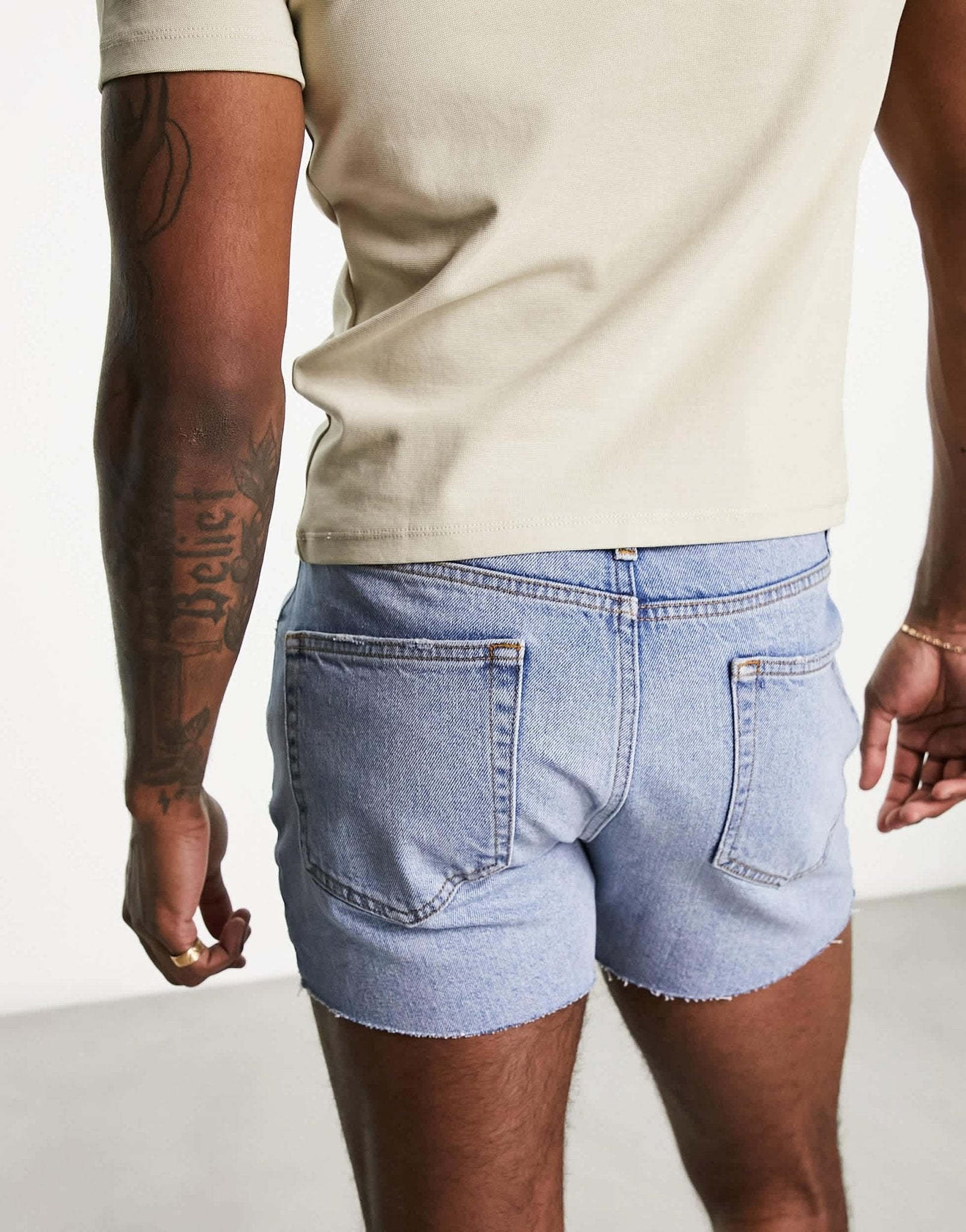 ASOS DESIGN slim shorter length ripped denim shorts in light blue wash - ASOS Sample Sale EU Store