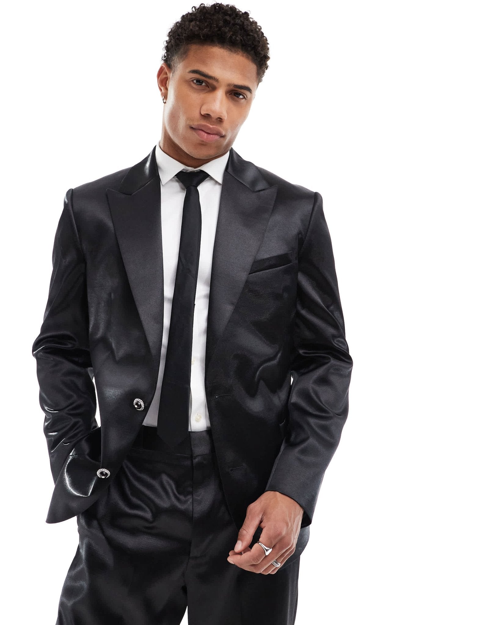 ASOS DESIGN slim suit jacket in black satin with black button detail - ASOS Sample Sale EU Store
