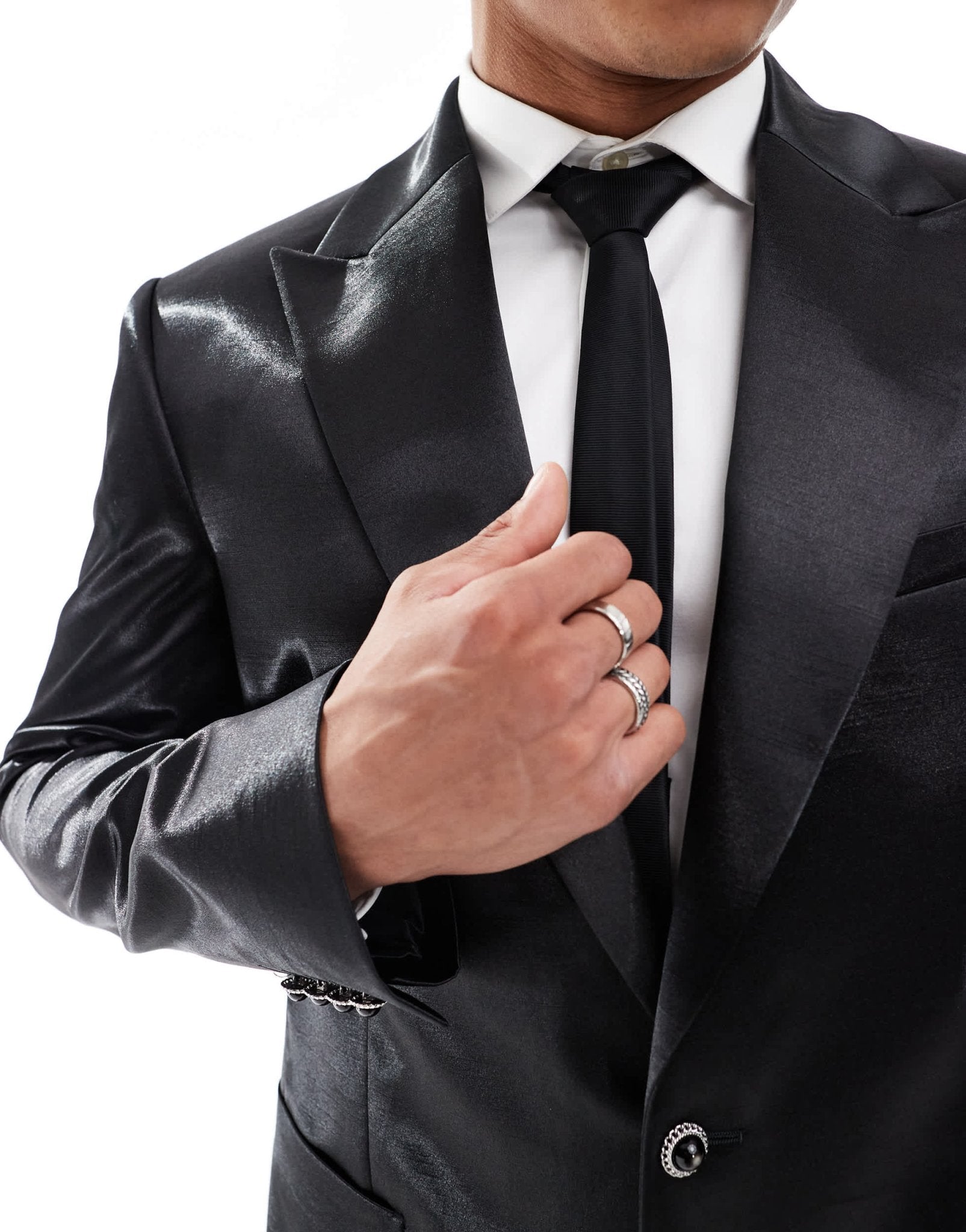 ASOS DESIGN slim suit jacket in black satin with black button detail - ASOS Sample Sale EU Store