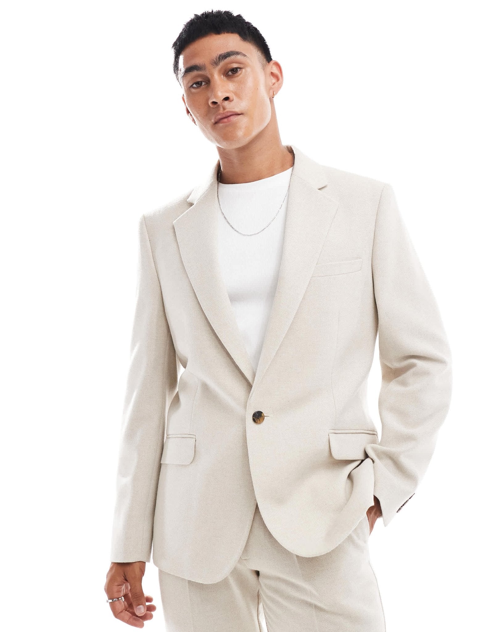 ASOS DESIGN slim wool blend suit jacket in stone herringbone - ASOS Sample Sale EU Store
