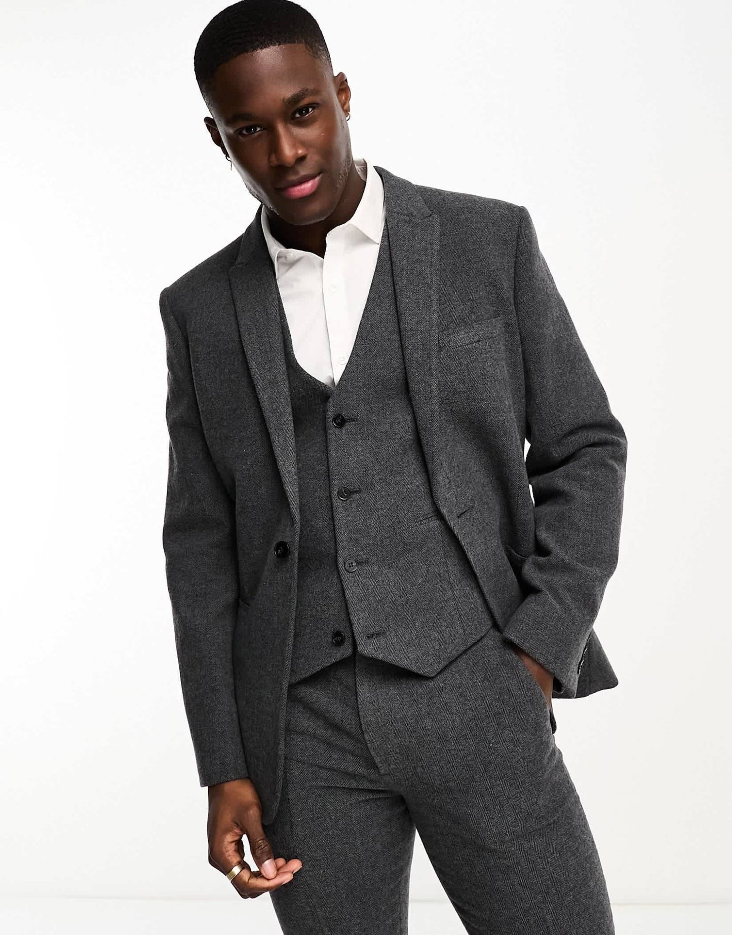 ASOS DESIGN slim wool mix suit jacket in herringbone in charcoal - ASOS Sample Sale EU Store