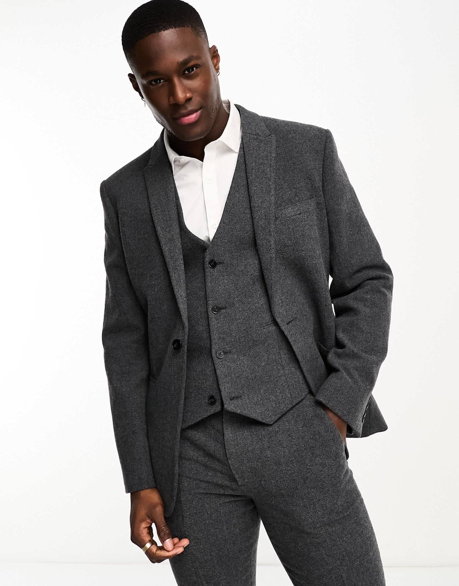 ASOS DESIGN slim wool mix suit jacket in herringbone in charcoal - ASOS Sample Sale EU Store