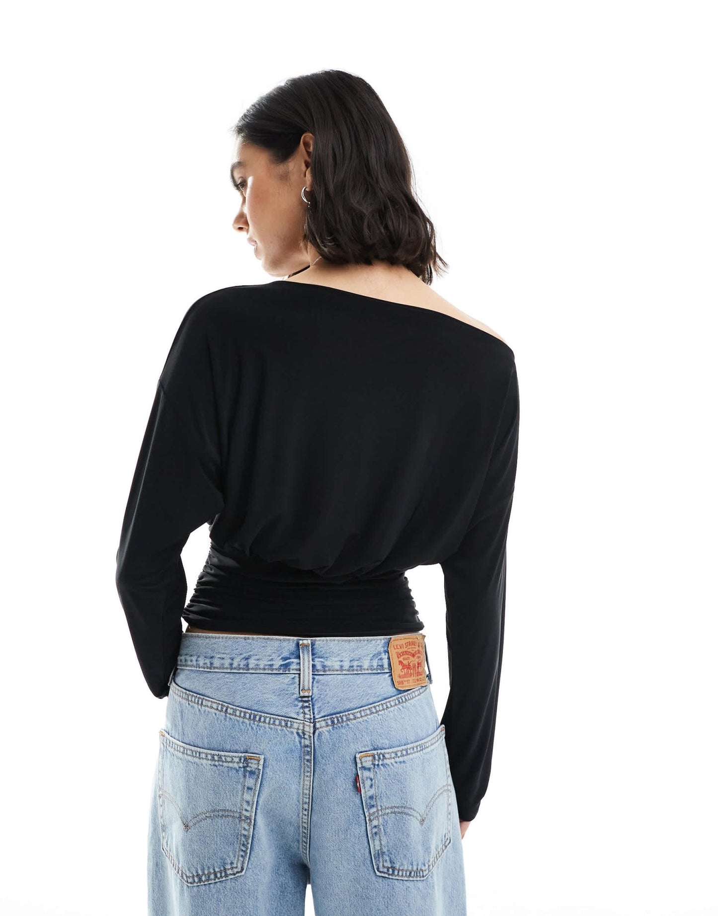 ASOS DESIGN slinky asymmetric one shoulder long sleeve top with cinch waist detail in black - ASOS Sample Sale EU Store